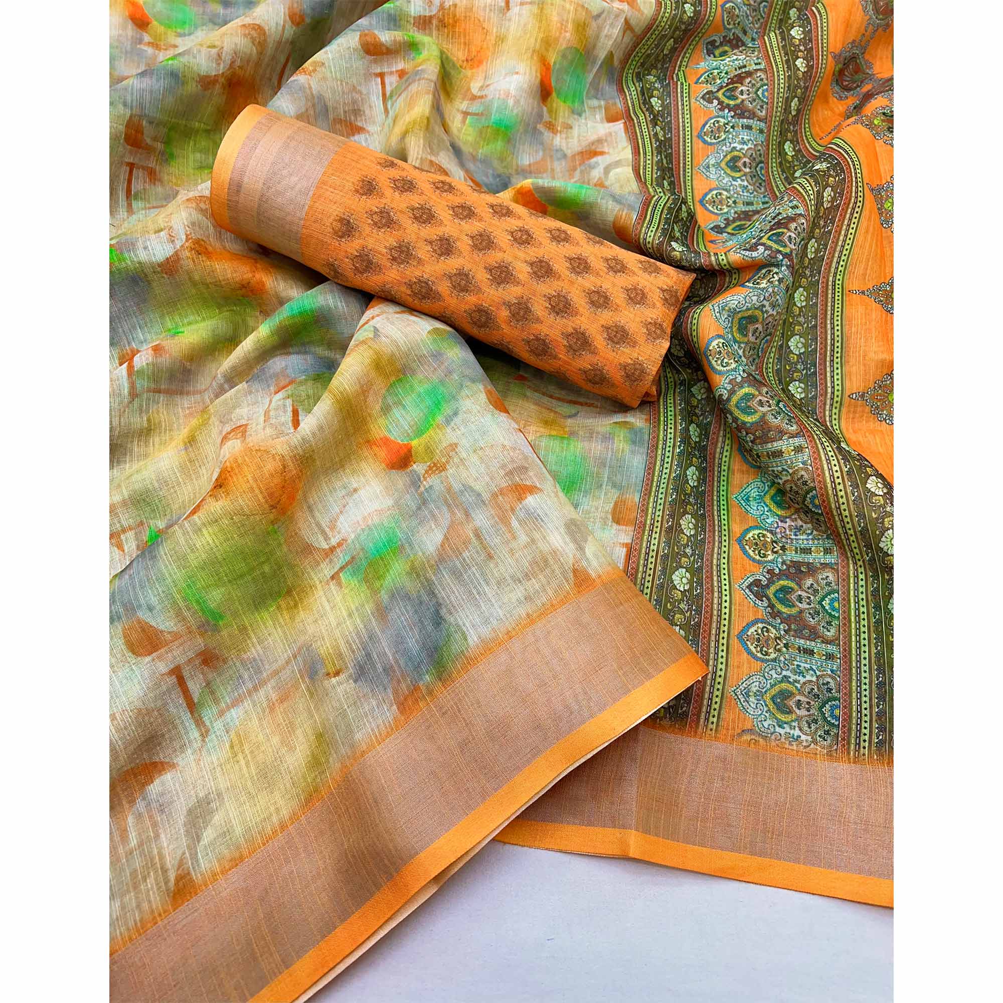 Orange Digital Printed Linen Saree With Woven Border