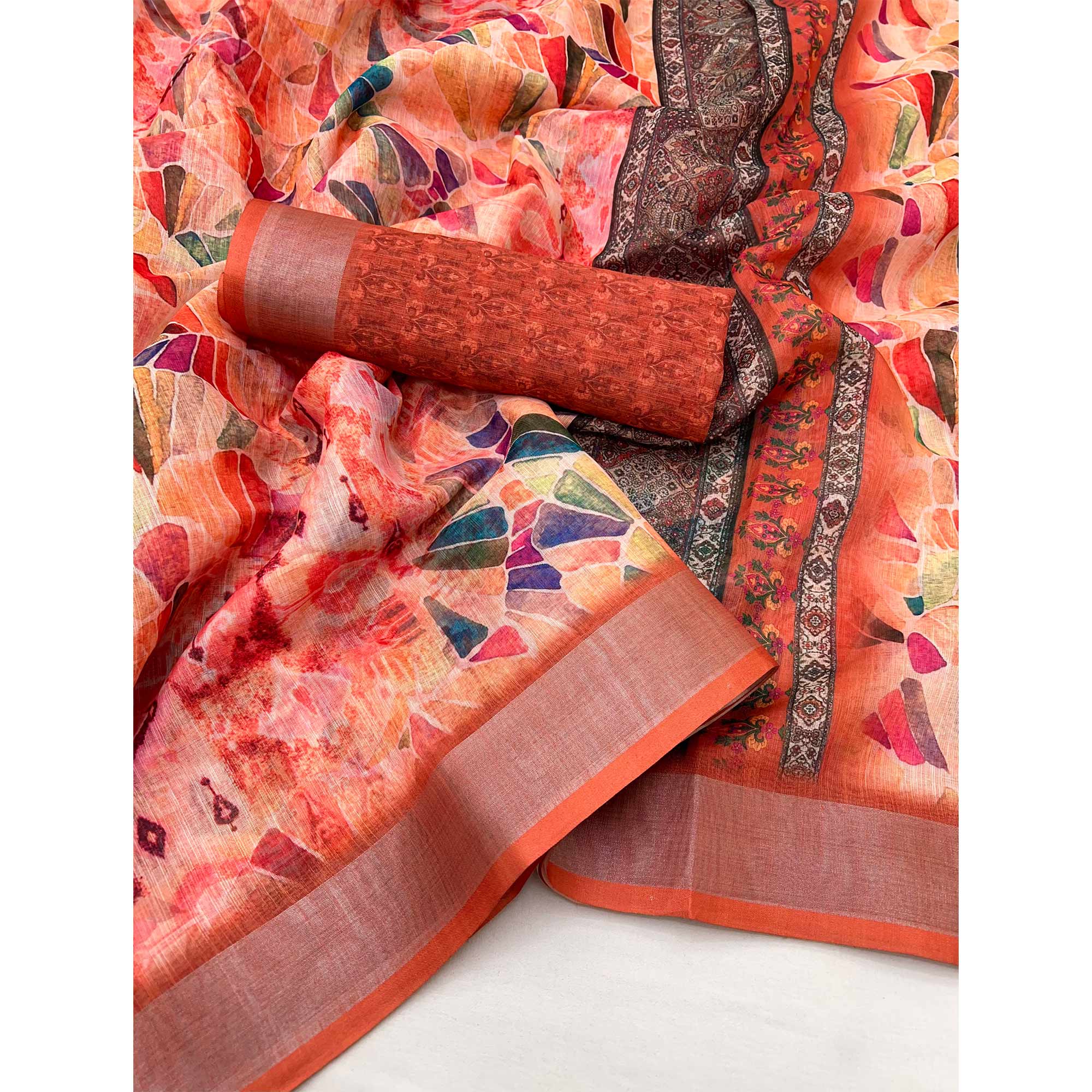 Orange Digital Printed Linen Saree With Woven Border