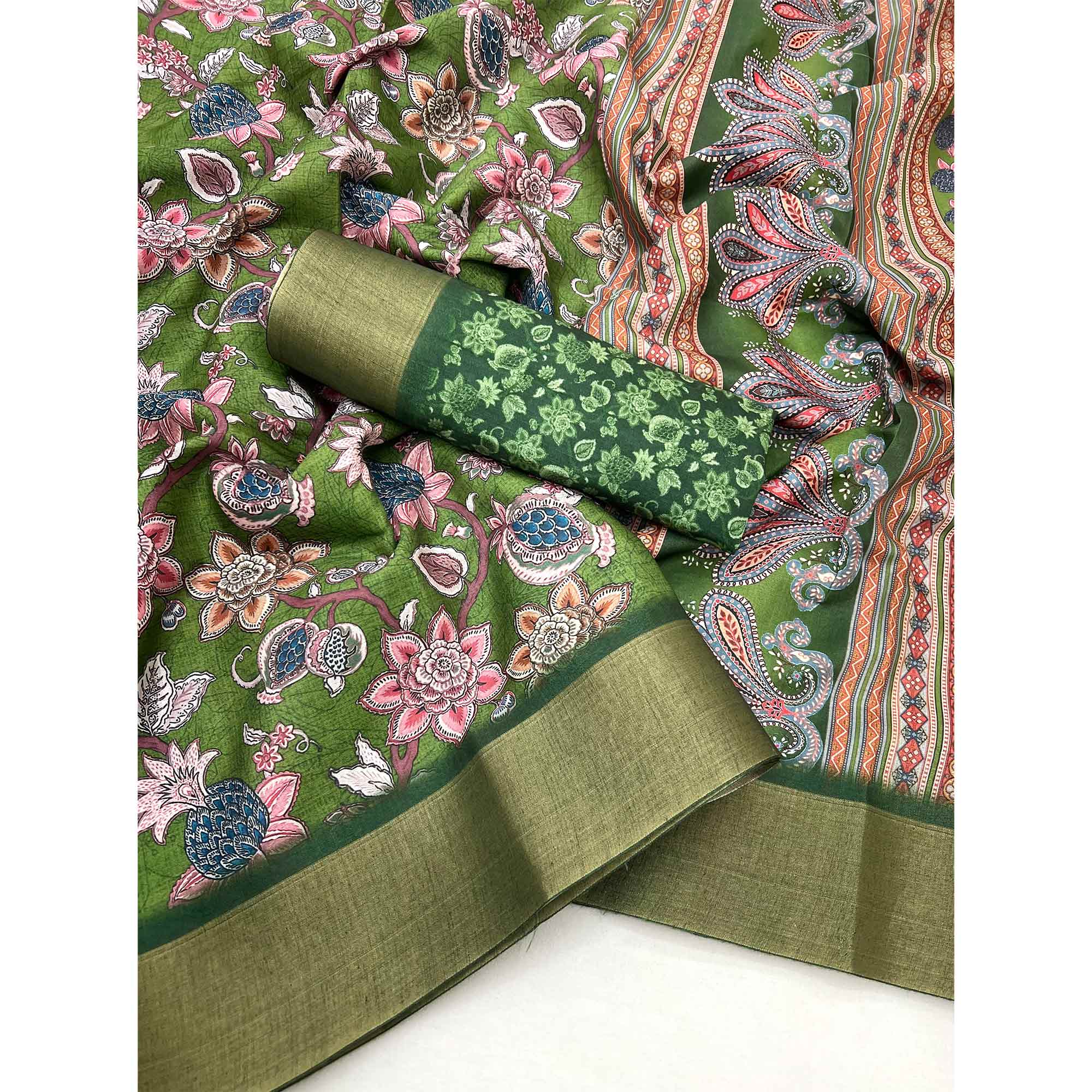 Green Floral Printed Cotton Silk Saree With Woven Border