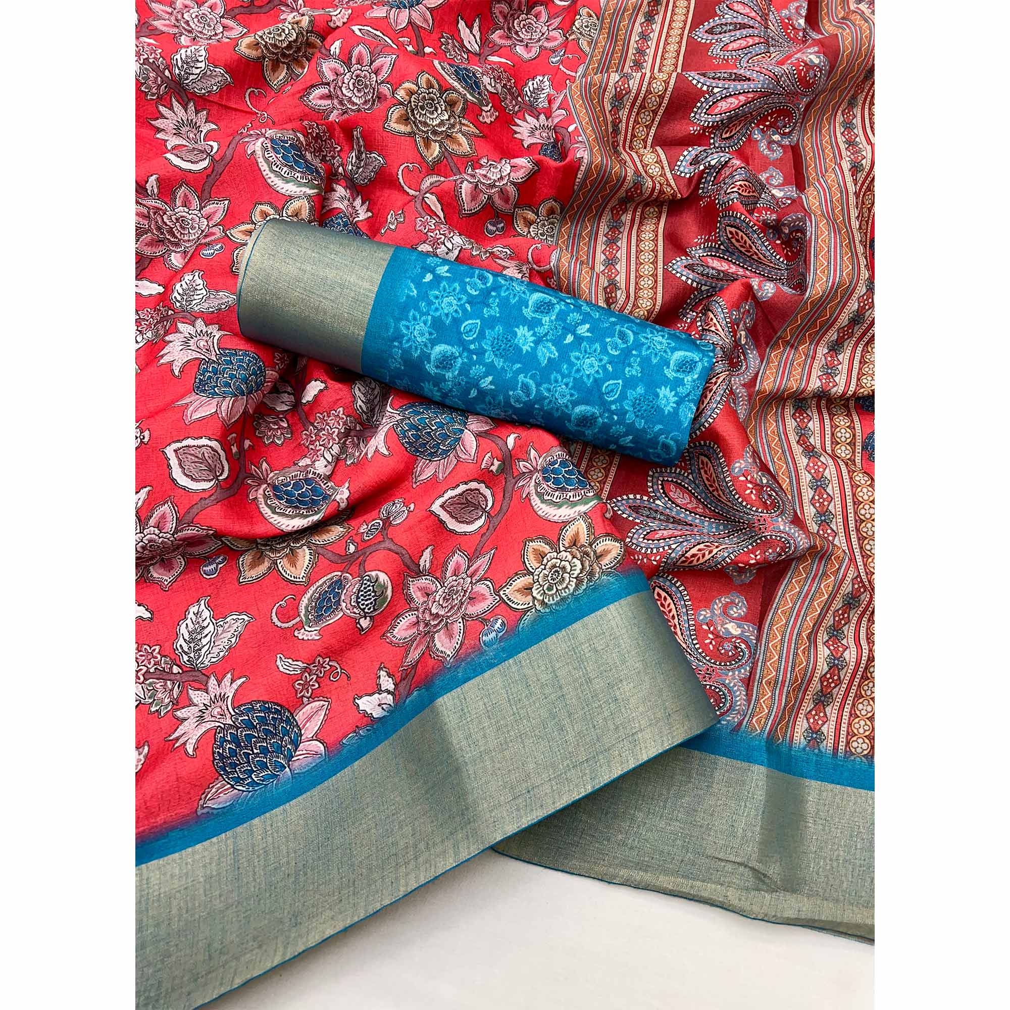 Red Floral Printed Cotton Silk Saree With Woven Border