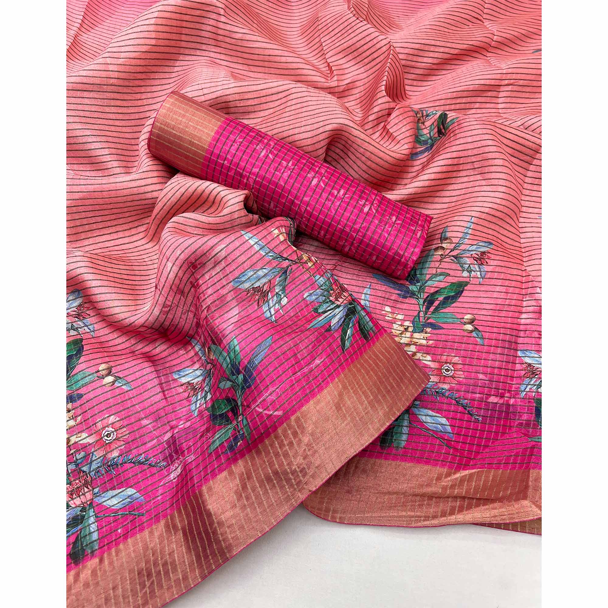 Peach & Pink Striped & Floral Printed Cotton Silk Saree With Woven Border