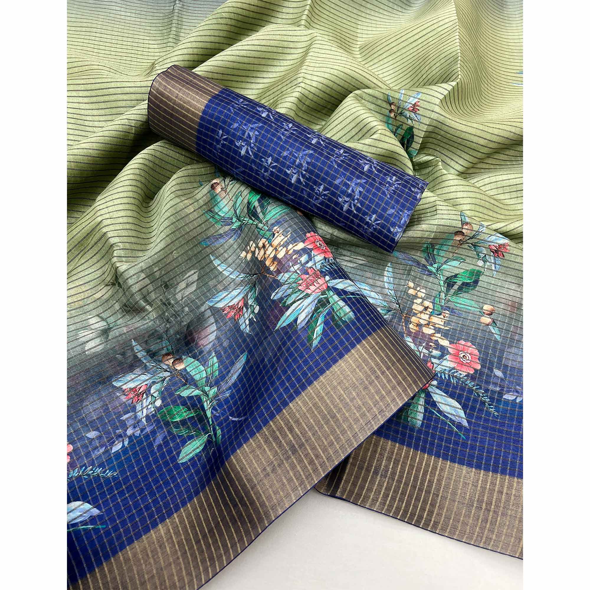 Green & Blue Striped & Floral Printed Cotton Silk Saree With Woven Border
