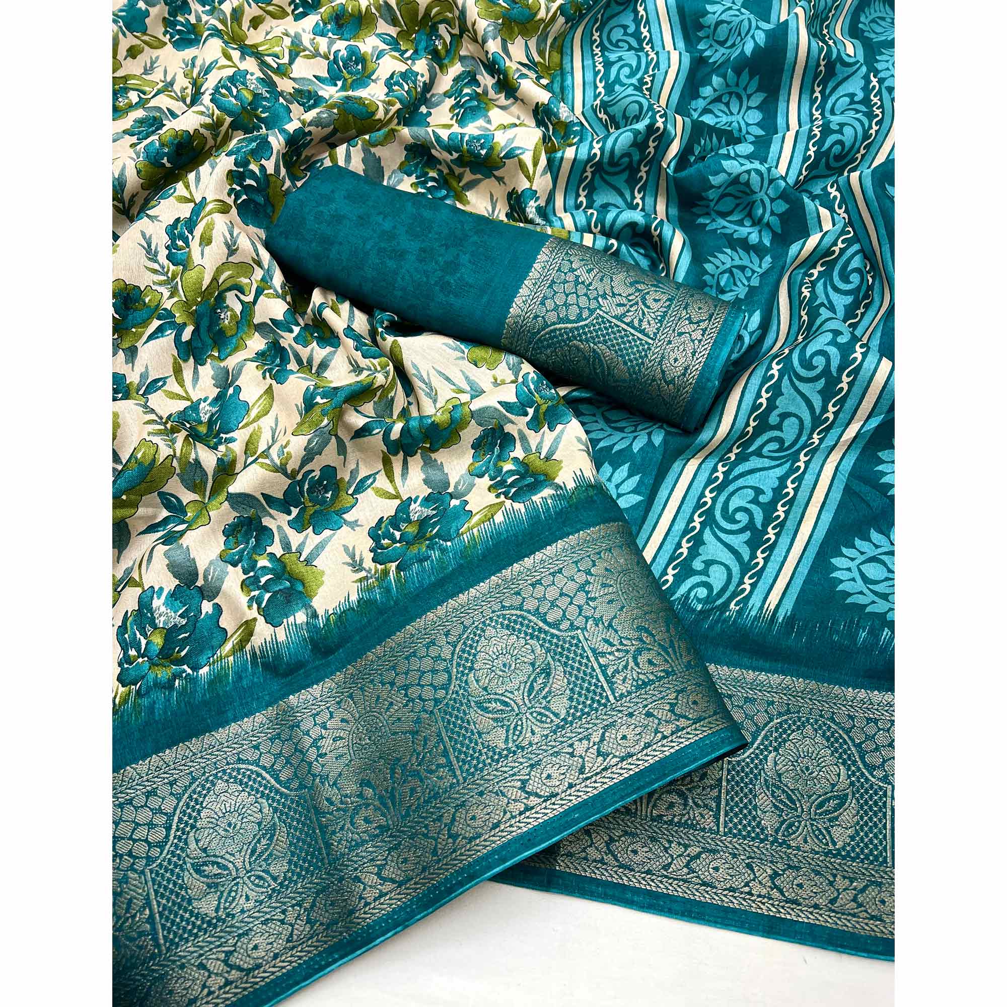 Festive Teal Floral Print Saree in Soft Silk with Contrast Jacquard Edging