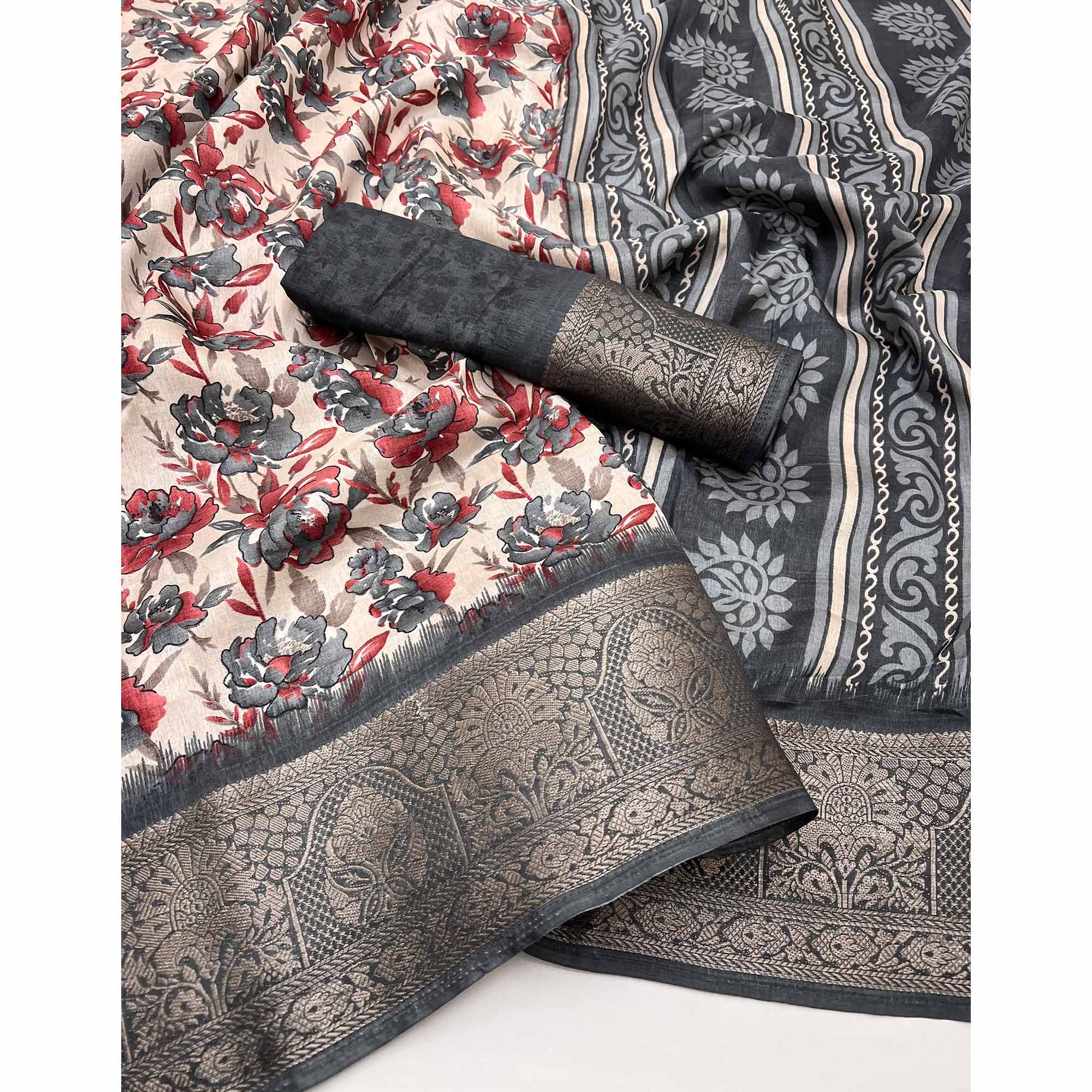 Festive Grey Floral Print Saree in Soft Silk with Contrast Jacquard Edging
