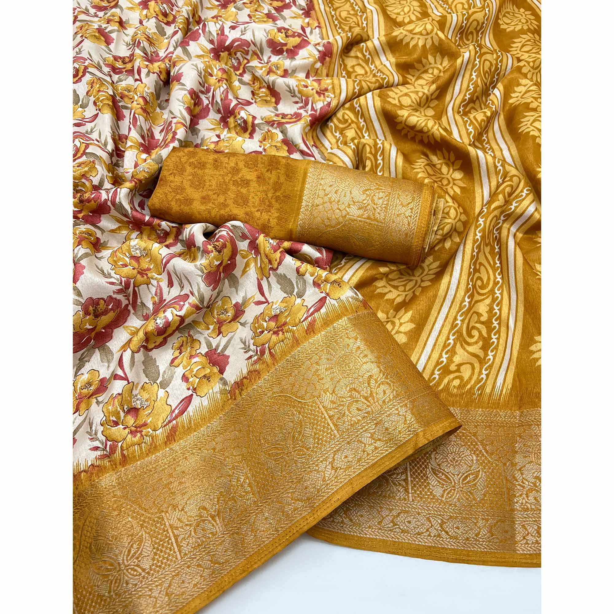Festive Mustard Floral Print Saree in Soft Silk with Contrast Jacquard Edging