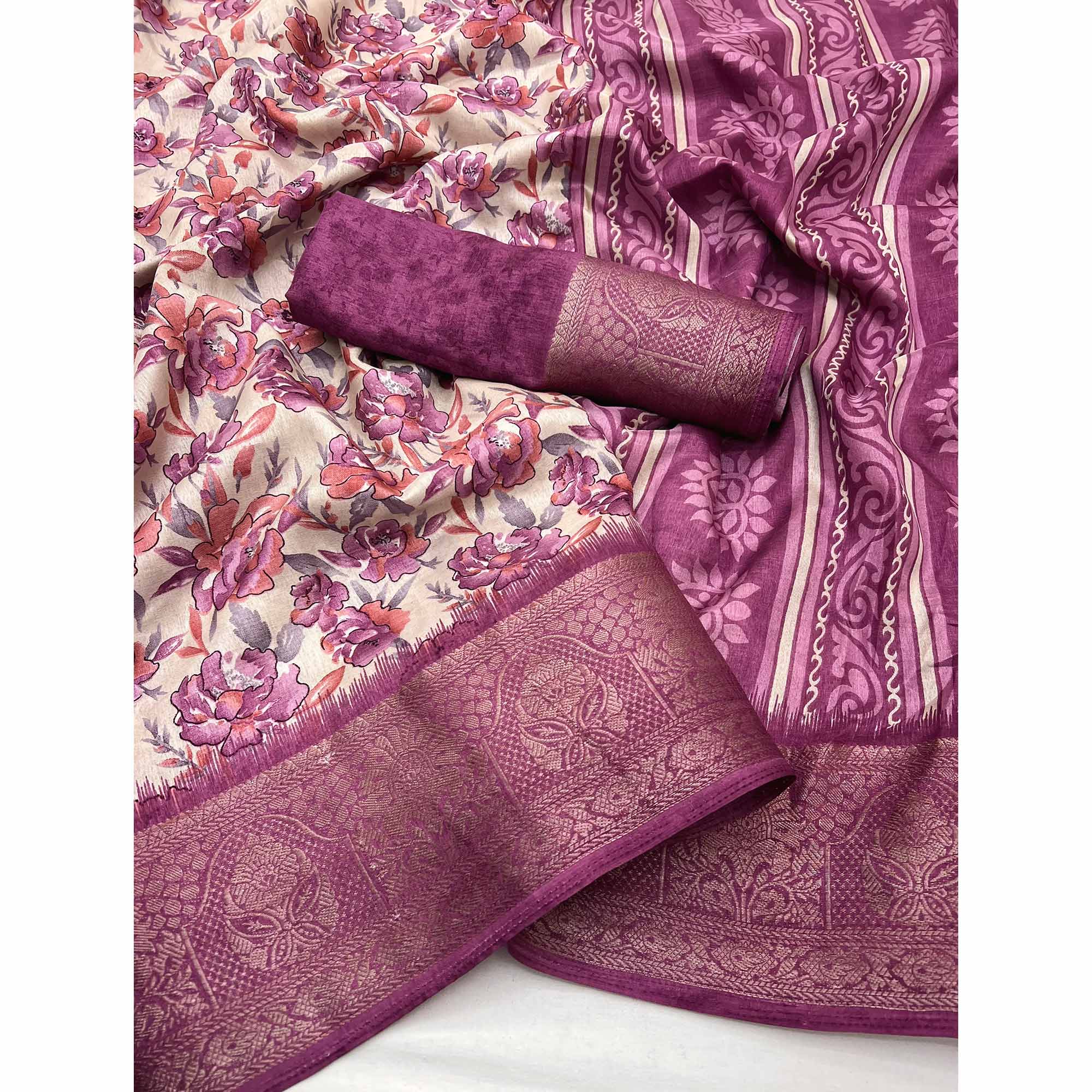 Festive Wine Floral Print Saree in Soft Silk with Contrast Jacquard Edging