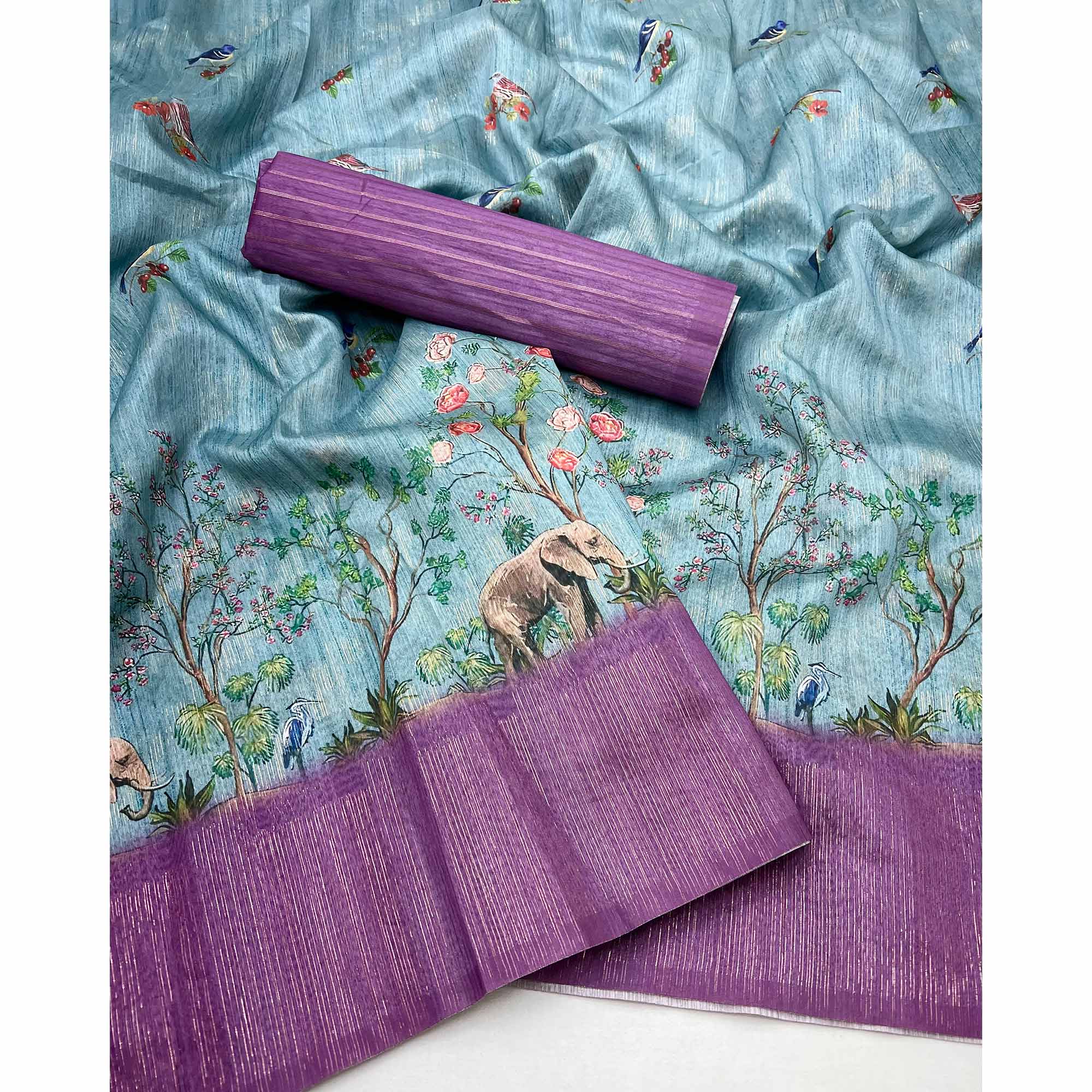 Art-Inspired Sky Blue Digital Print Saree in Soft Cotton Silk