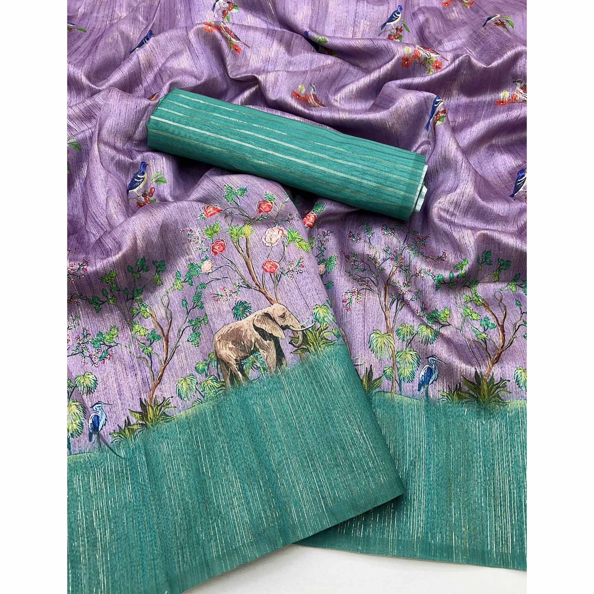 Art-Inspired Lavender Digital Print Saree in Soft Cotton Silk