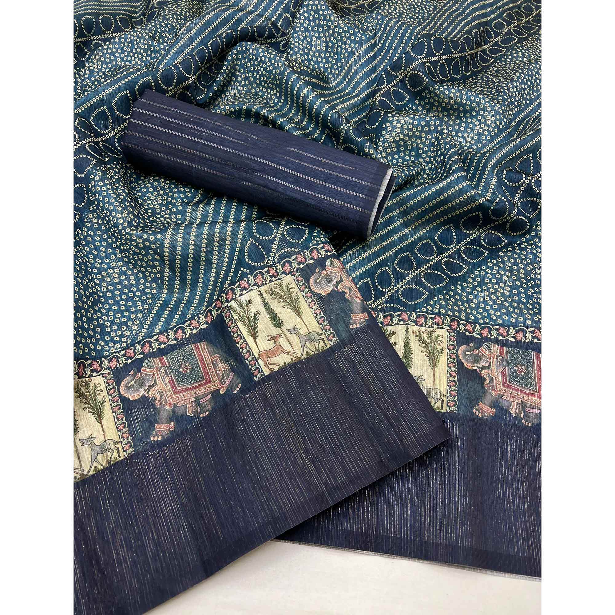 Blue Cotton Silk Saree with Digital Bandhani Print Design & Rich Woven Border