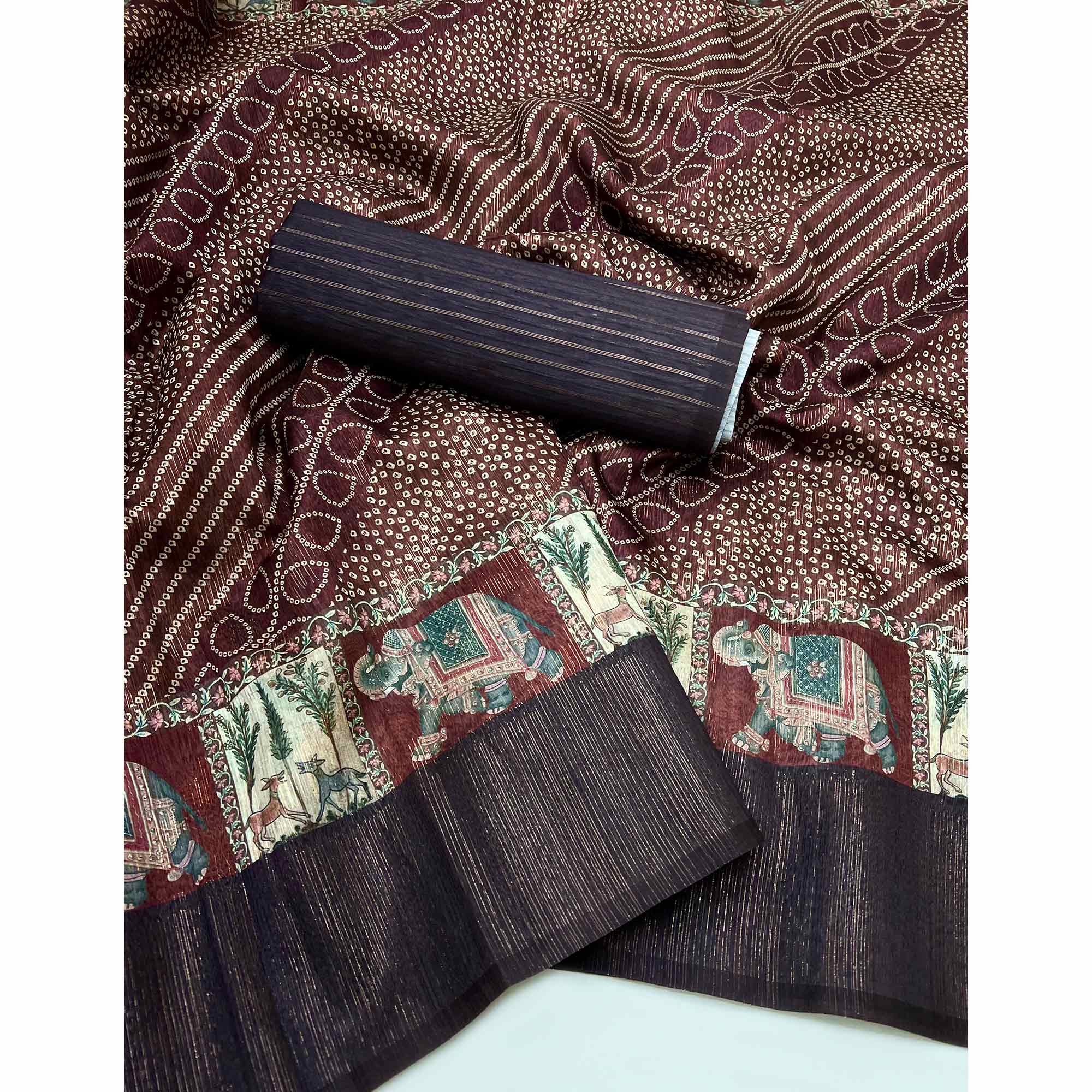 Dark Brown Cotton Silk Saree with Digital Bandhani Print Design & Rich Woven Border