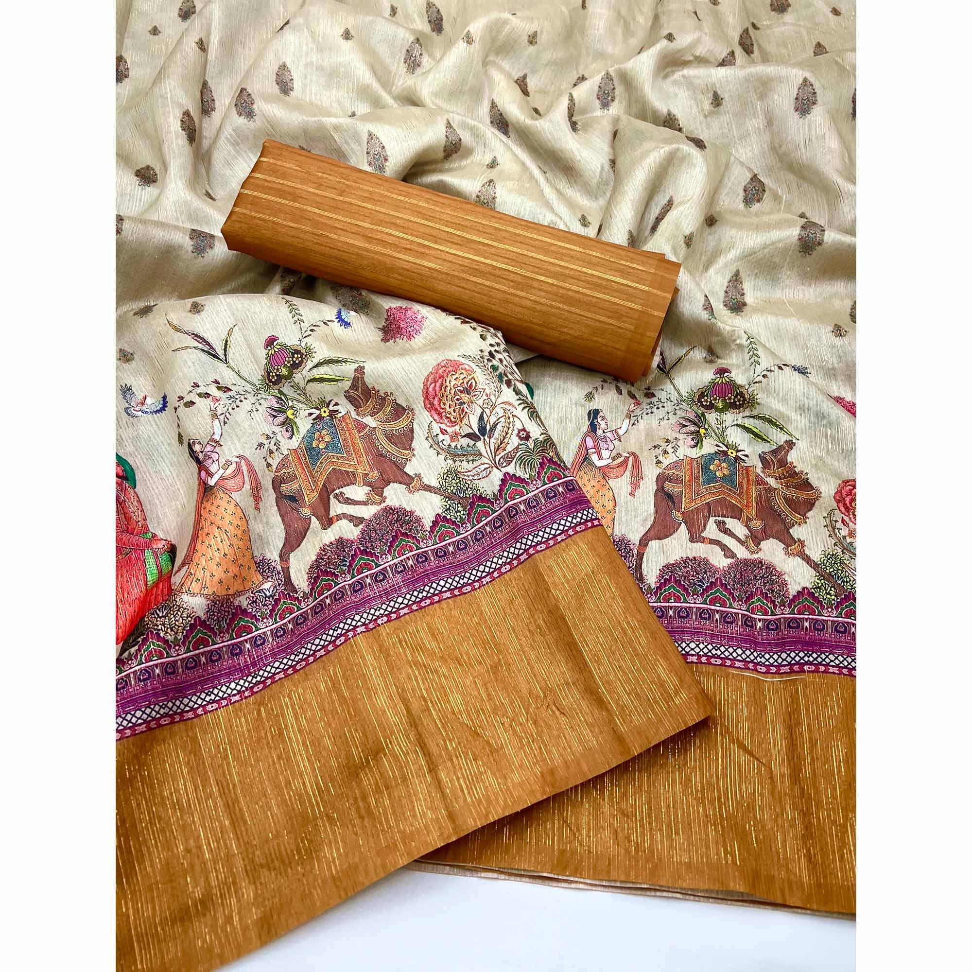 Off-White Digital Print Cotton Silk Saree with Mustard Woven Border