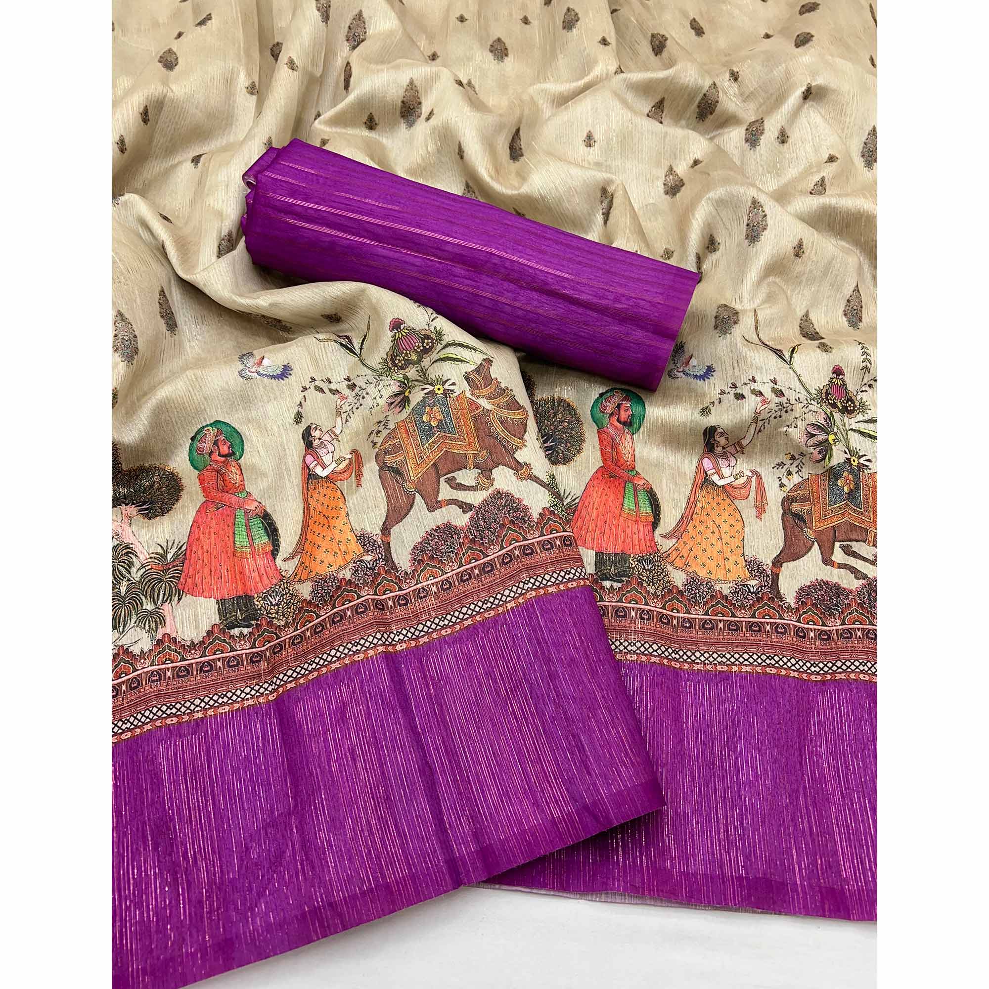 Off-White Digital Print Cotton Silk Saree with Purple Woven Border