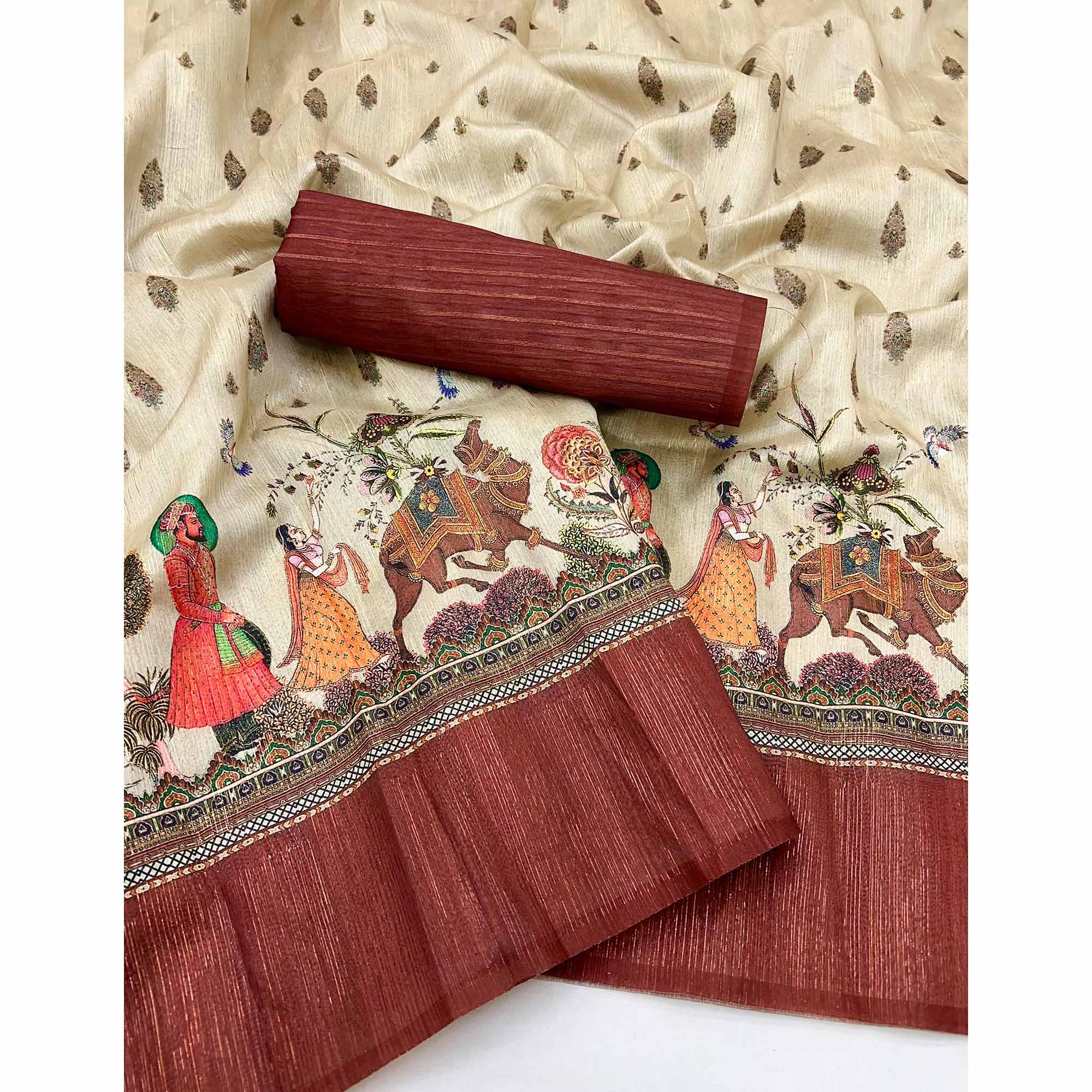 Off-White Digital Print Cotton Silk Saree with Brown Woven Border