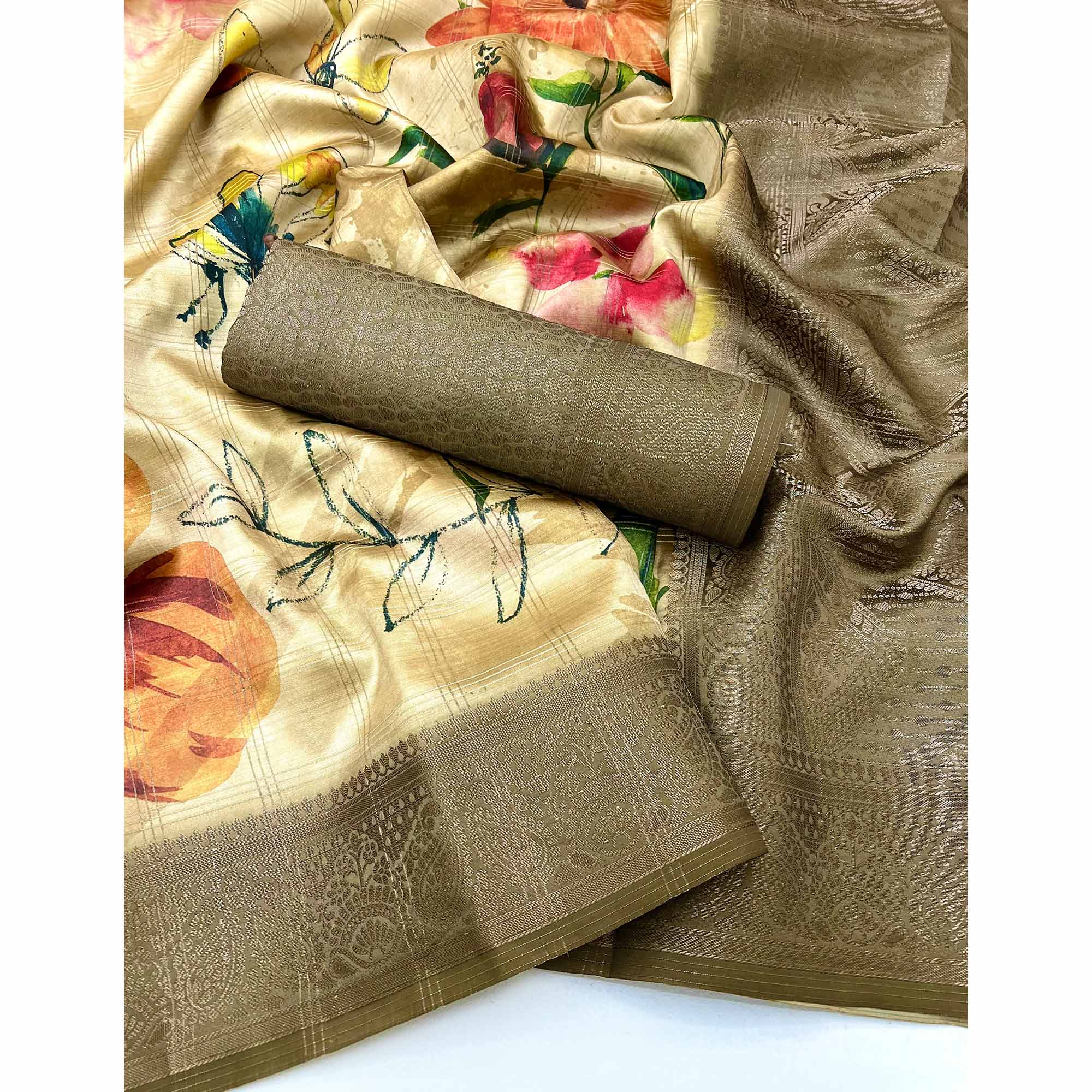 Stylish Cotton Silk Saree in Beige with Digital Printed and Weaving Border