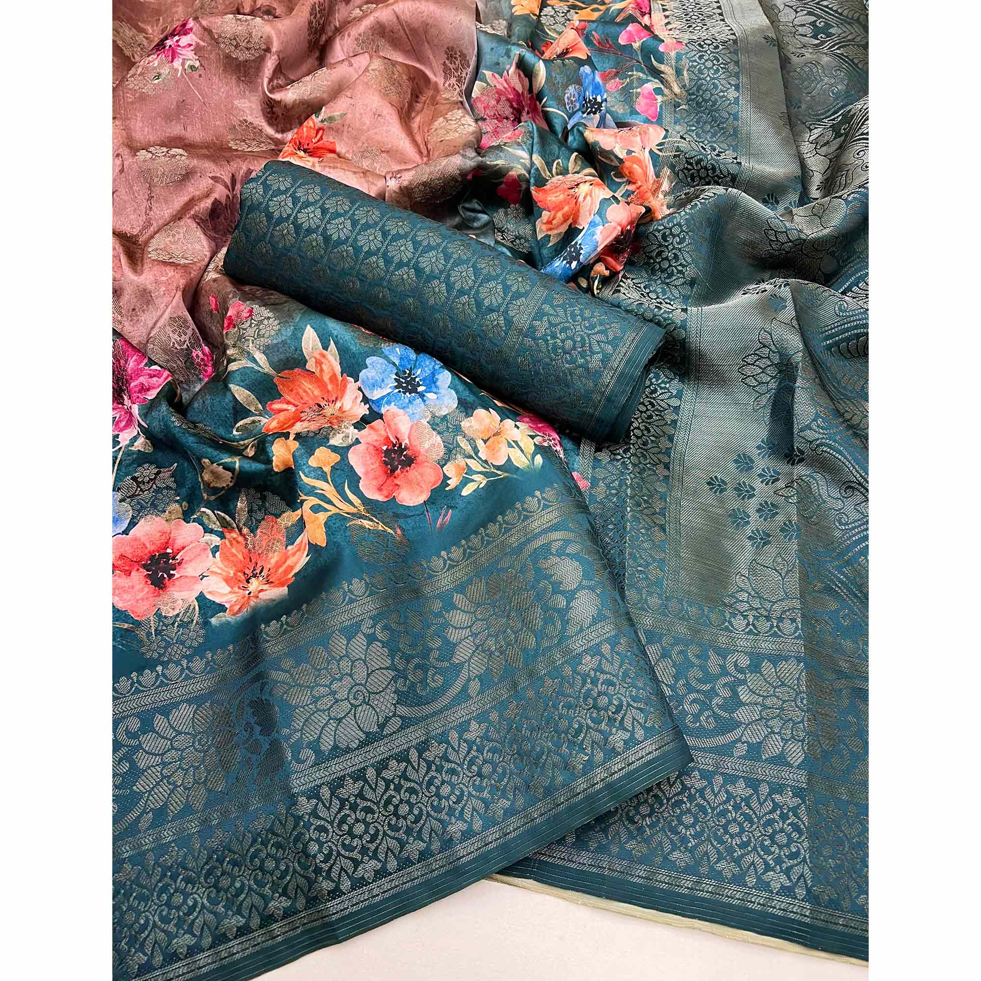 Stylish Cotton Silk Saree in Peach & Teal with Digital Printed and Weaving Border