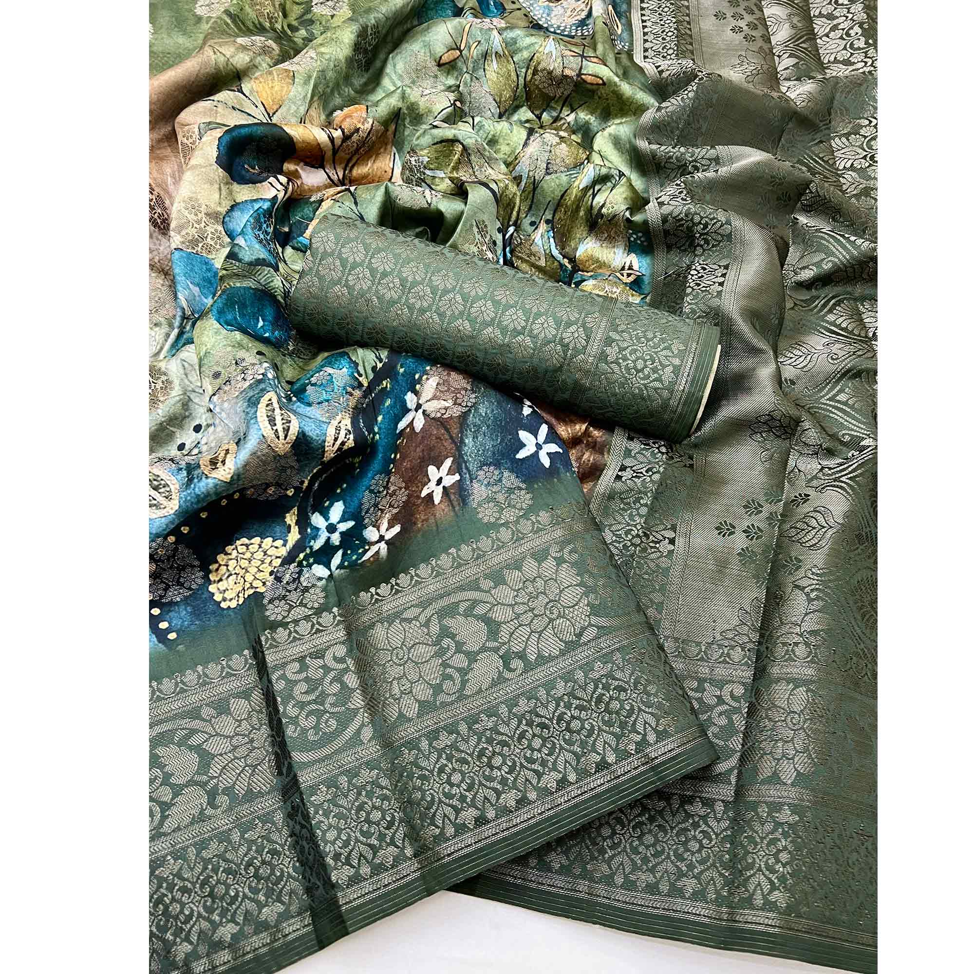 Stylish Cotton Silk Saree in Dusty Green with Digital Printed and Weaving Border