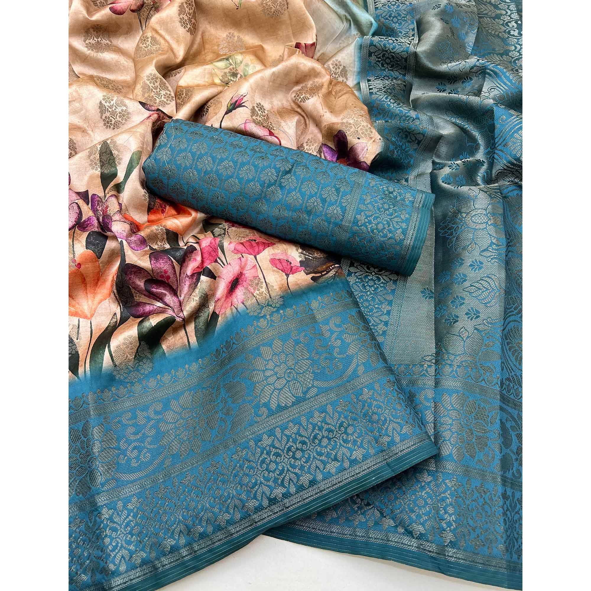 Stylish Cotton Silk Saree in Beige & Teal with Digital Printed and Weaving Border