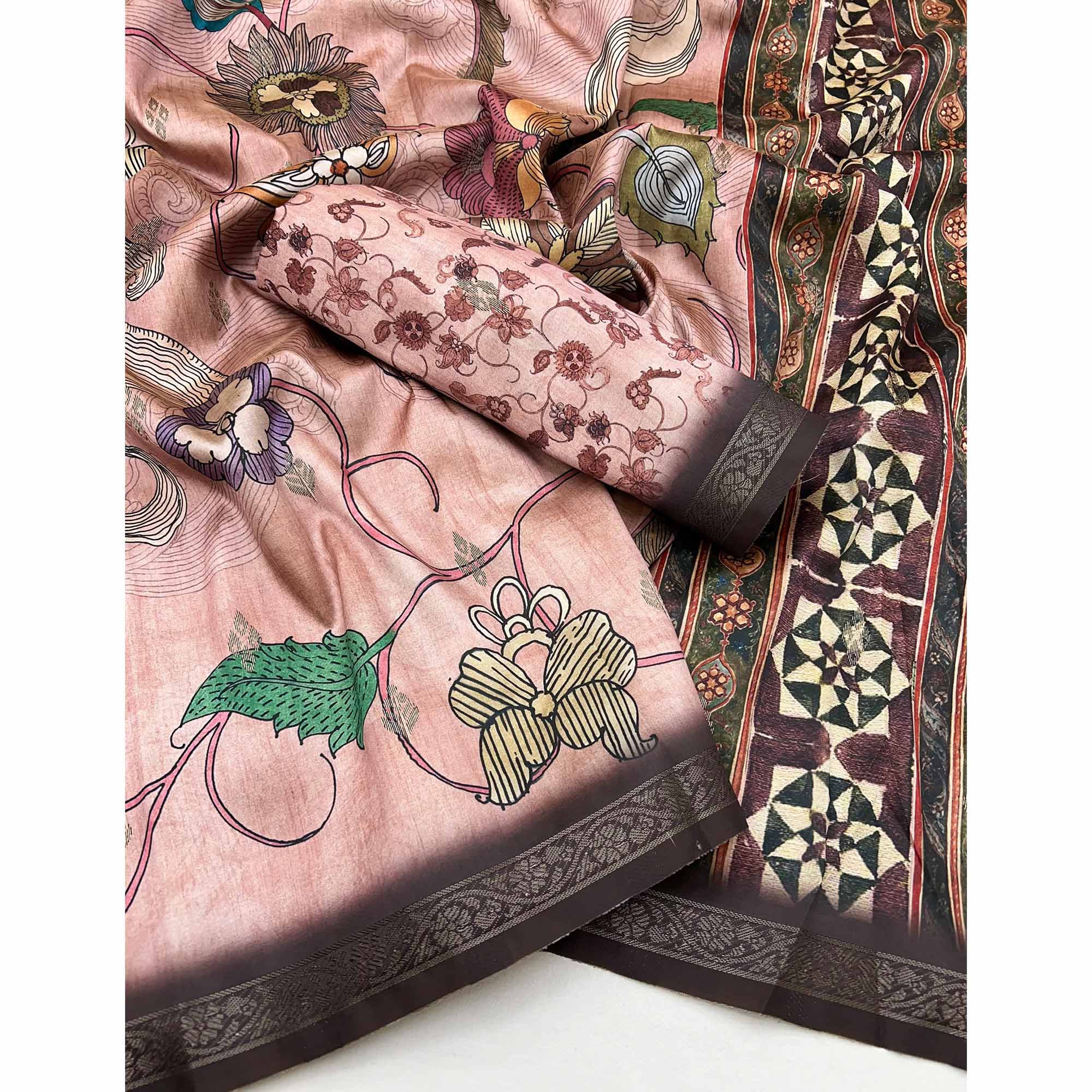 Graceful Peach Cotton Silk Saree with Artistic Florals Print & Weaving Detail