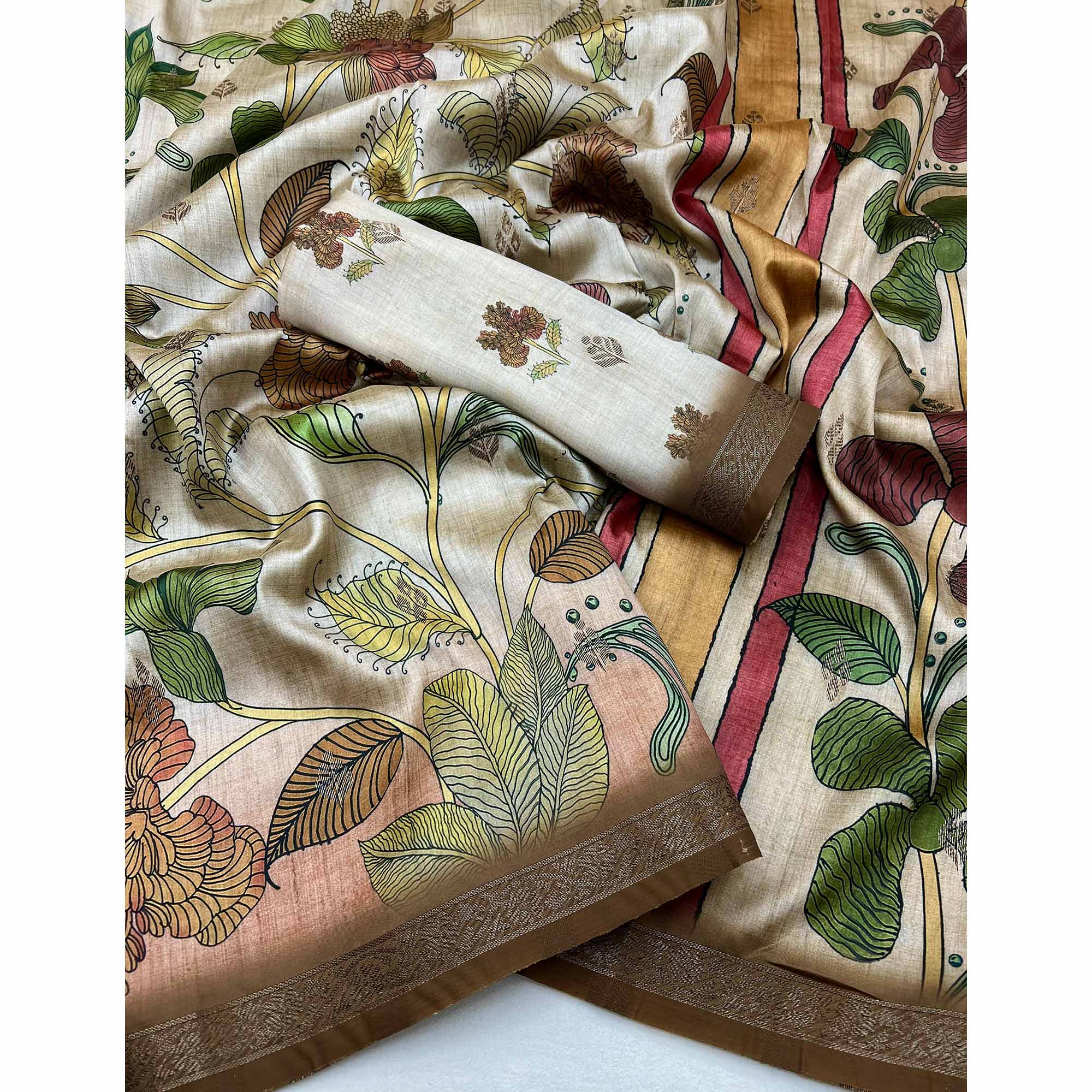 Graceful Beige Cotton Silk Saree with Artistic Florals Print & Weaving Detail