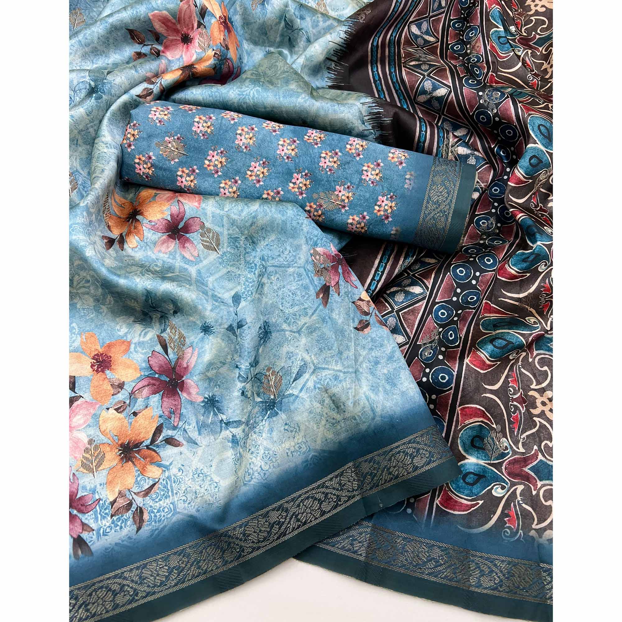 Graceful Sky Blue Cotton Silk Saree with Artistic Florals Print & Weaving Detail