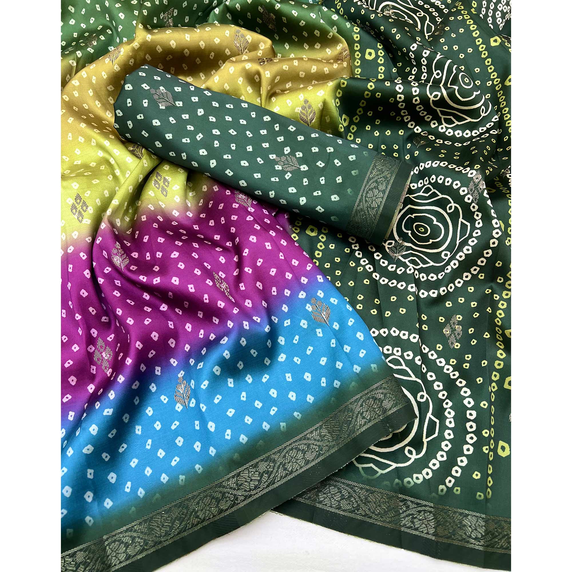 Graceful Multicolor Cotton Silk Saree with Artistic Florals Print & Weaving Detail