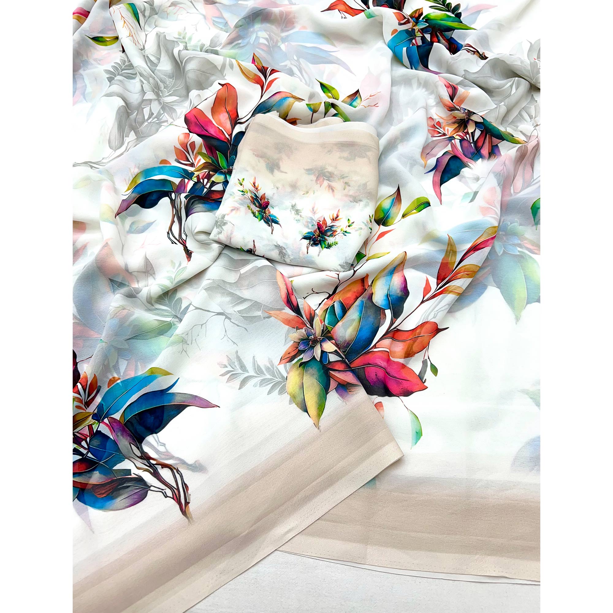 White Floral Printed Saree in Flowing Georgette Fabric