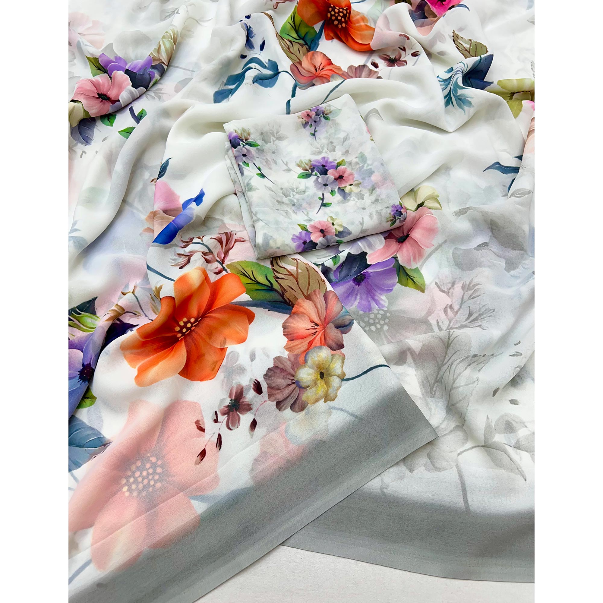 White Floral Printed Saree in Flowing Georgette Fabric