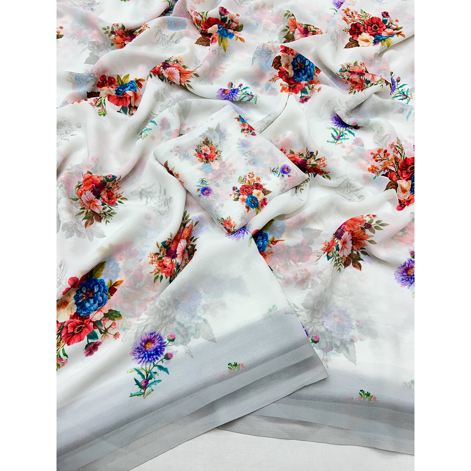 White Floral Printed Saree in Flowing Georgette Fabric