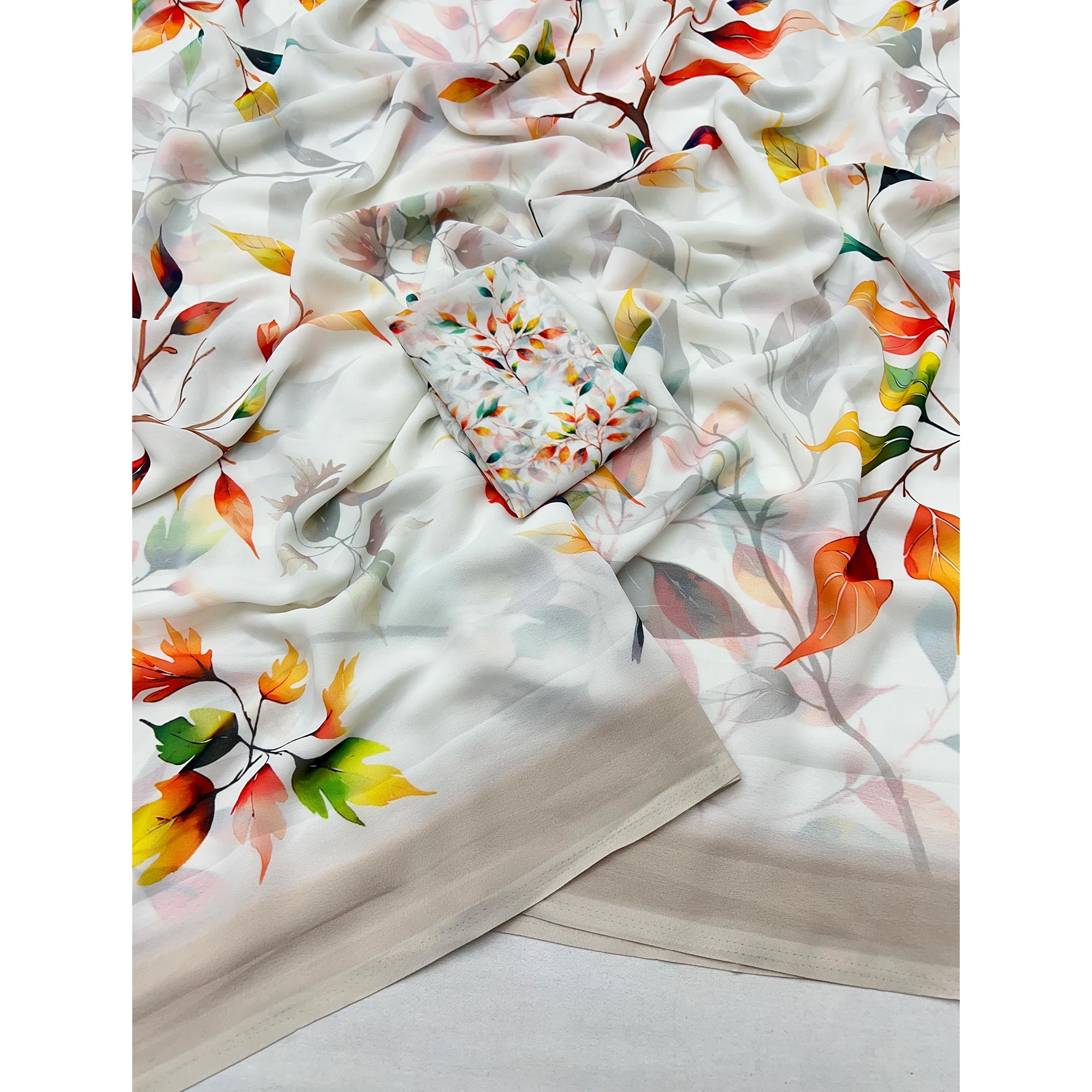 White Floral Printed Saree in Flowing Georgette Fabric