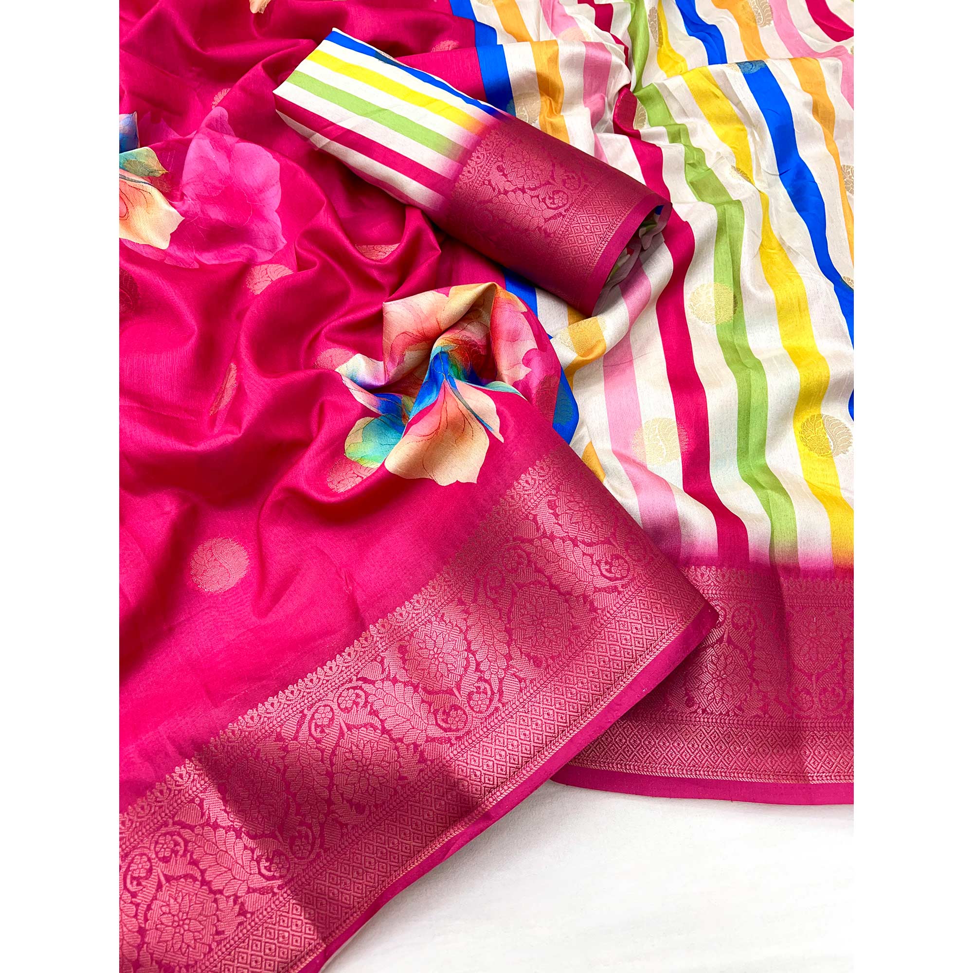 Pink Floral Patterned Smooth Dola Silken Drape Featuring Zari Border