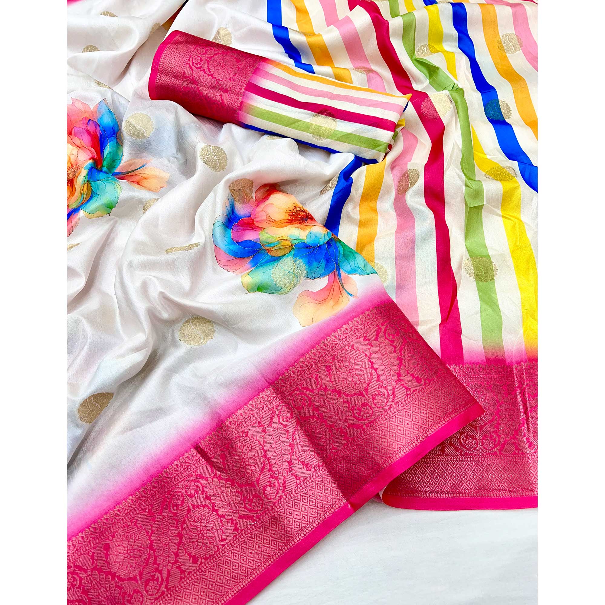 White Floral Patterned Smooth Dola Silken Drape Featuring Zari Border