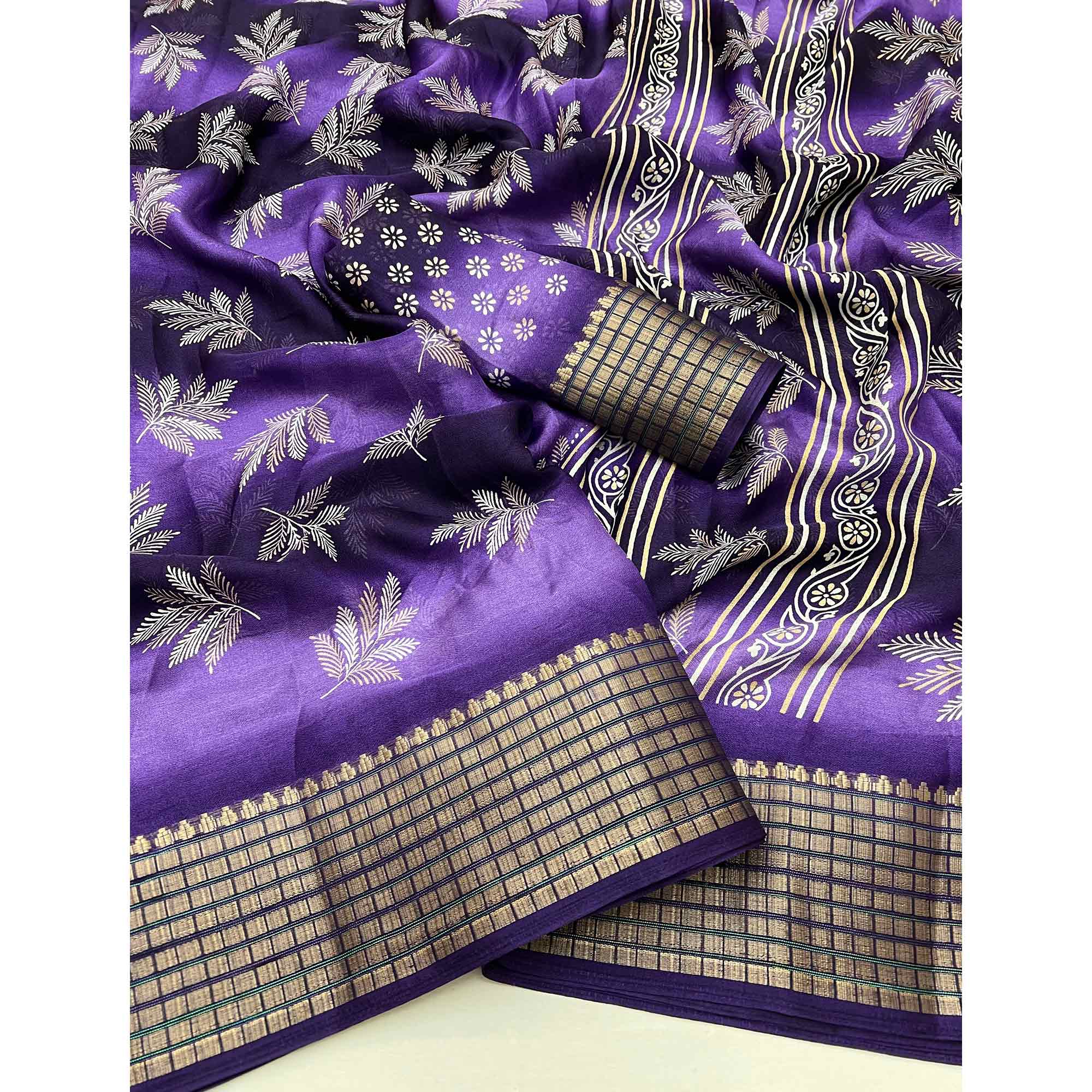 Violet Floral Printed Georgette Saree Featuring Weaving Border Design