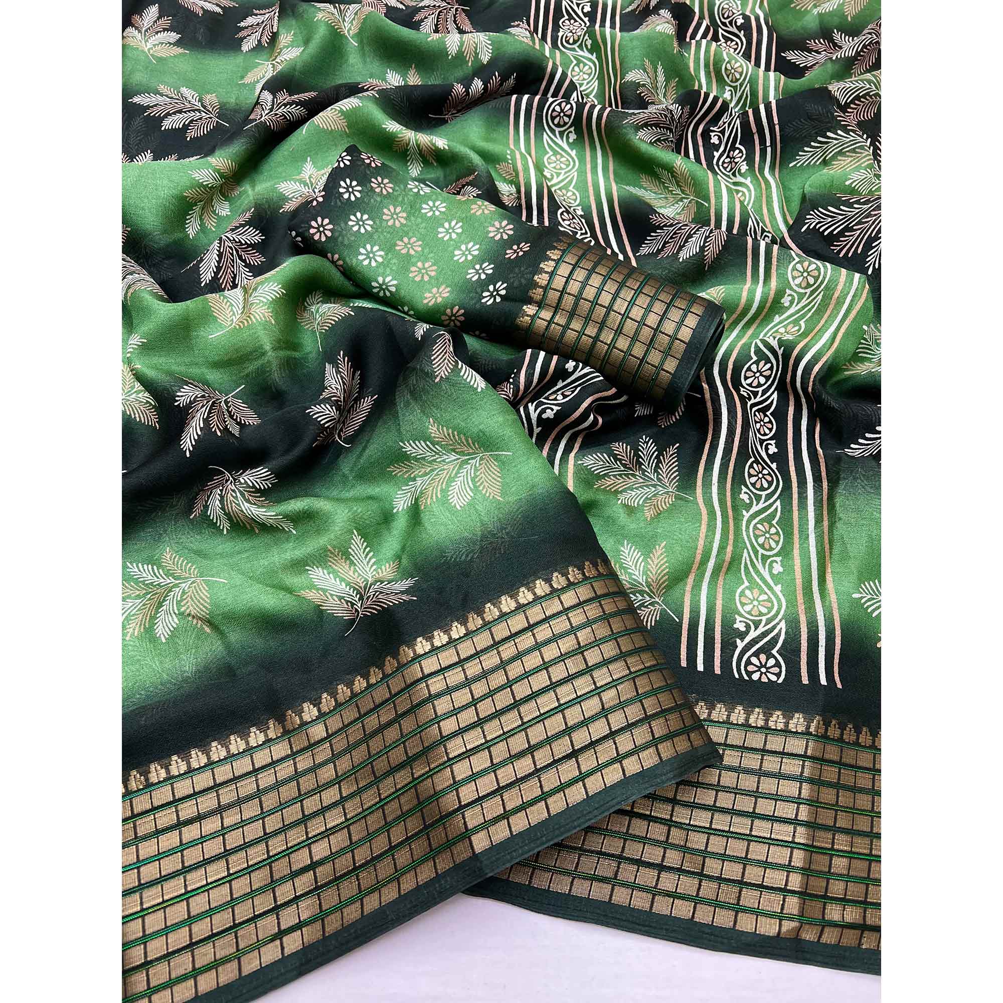 Green Floral Printed Georgette Saree Featuring Weaving Border Design