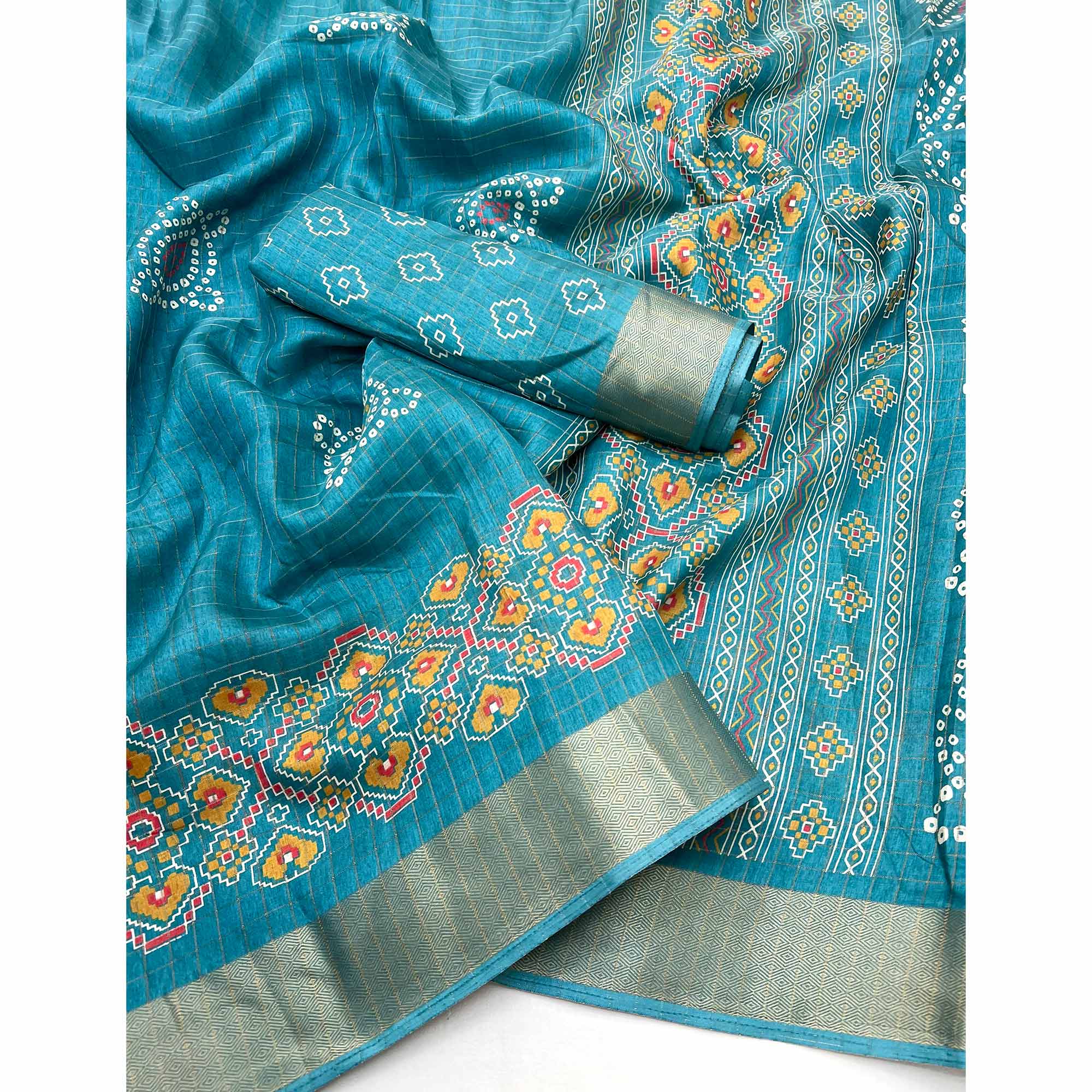 Teal Patola Patterned Featuring Weaving Work Dola Silken Drape