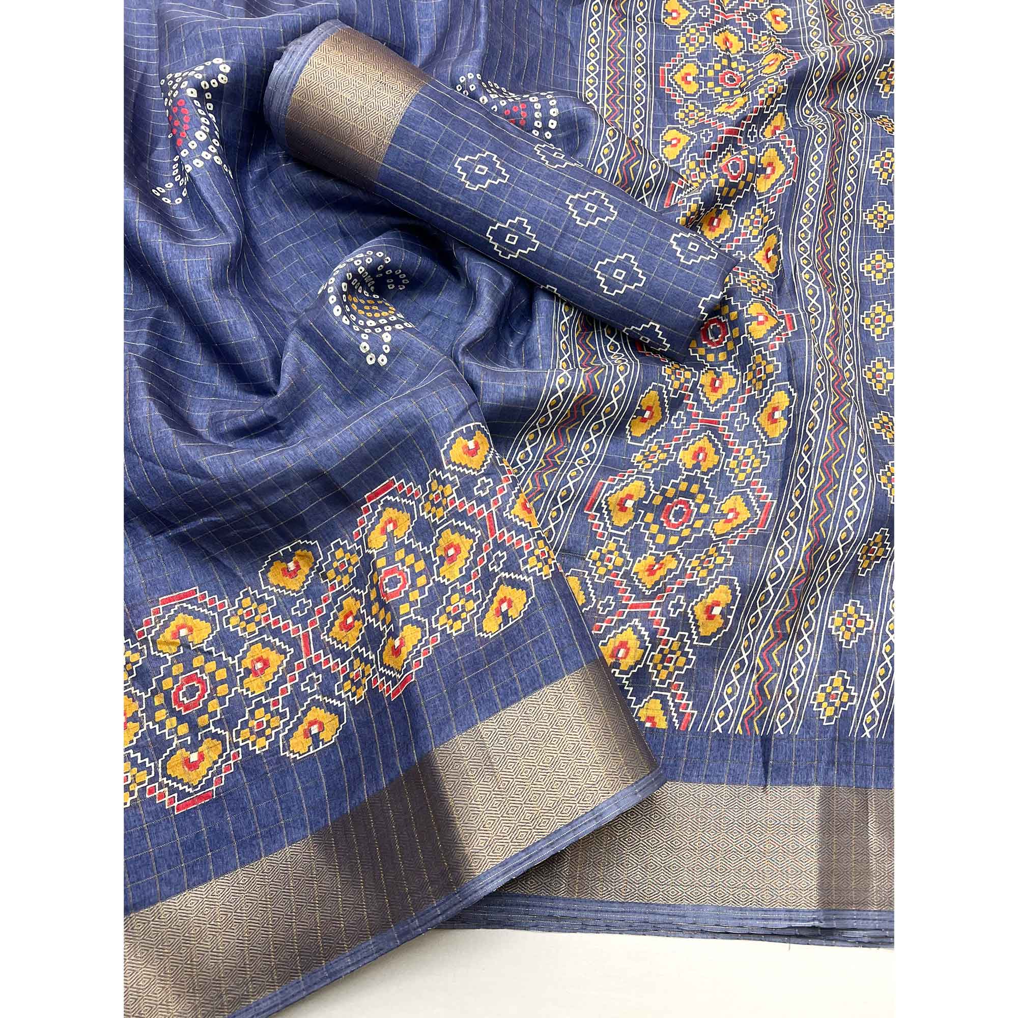 Blue Patola Patterned Featuring Weaving Work Dola Silken Drape