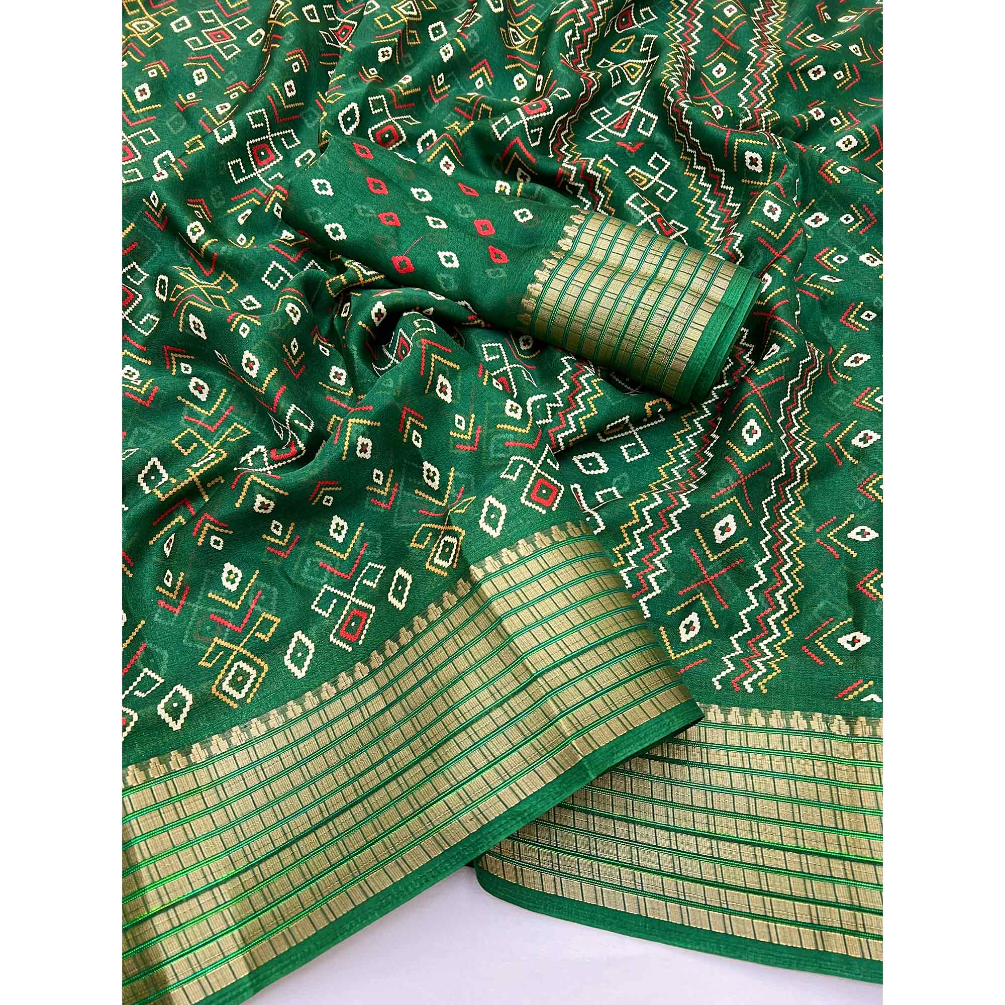 Green Geometric Patterned Georgette Drape Featuring Zari Border