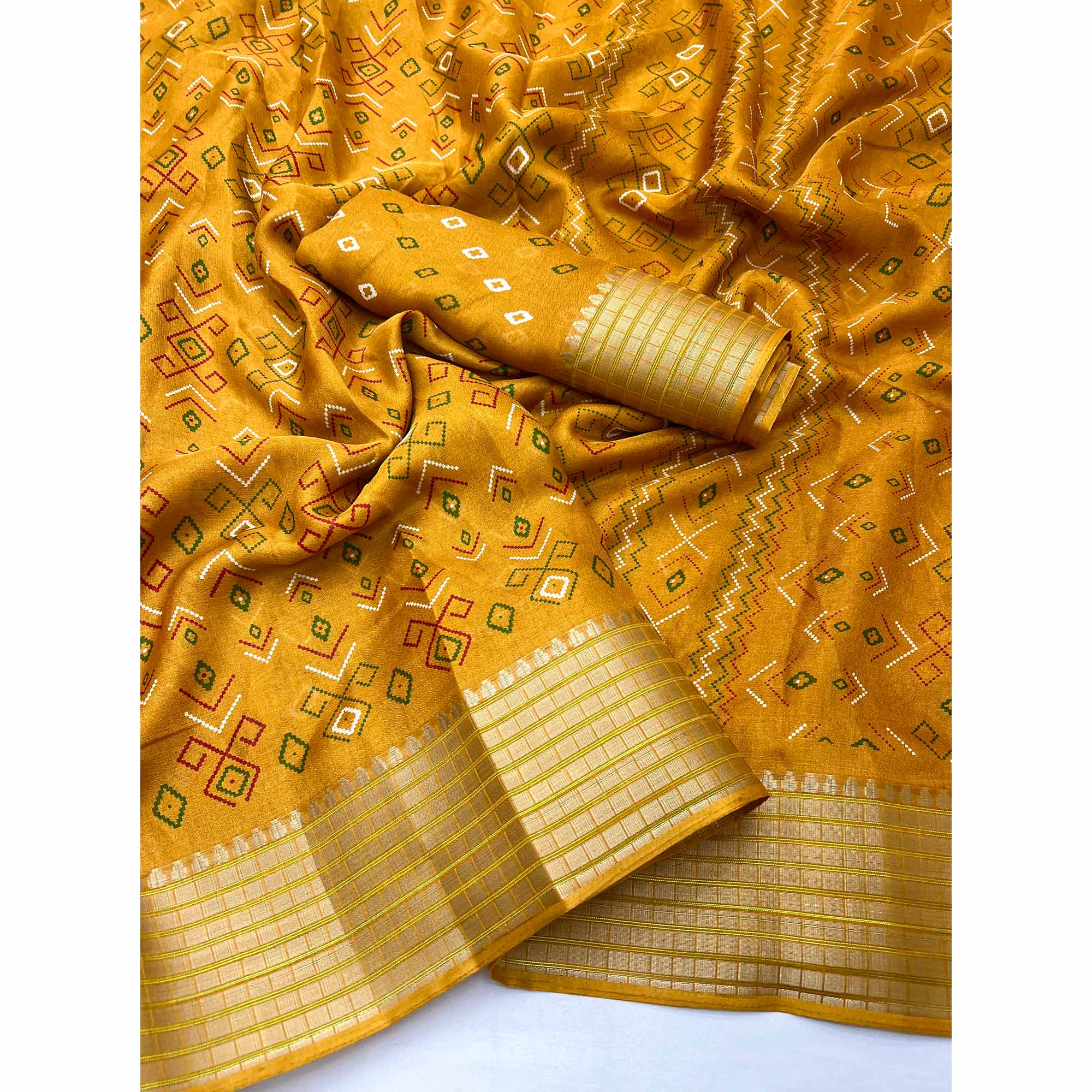 Mustard Geometric Patterned Georgette Drape Featuring Zari Border