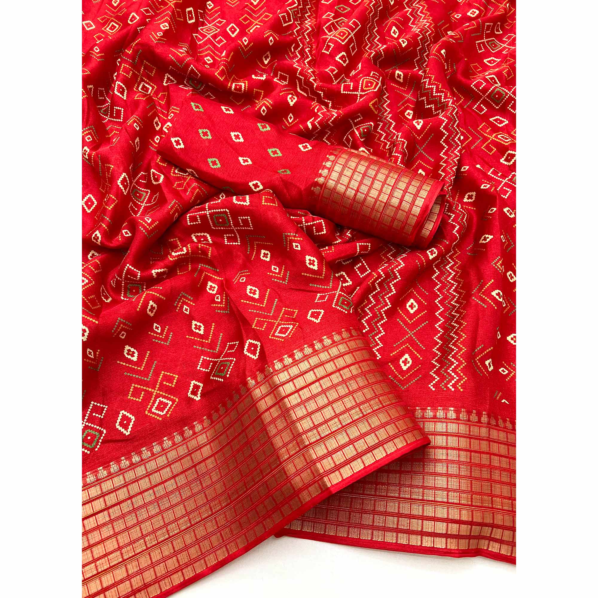 Red Geometric Patterned Georgette Drape Featuring Zari Border