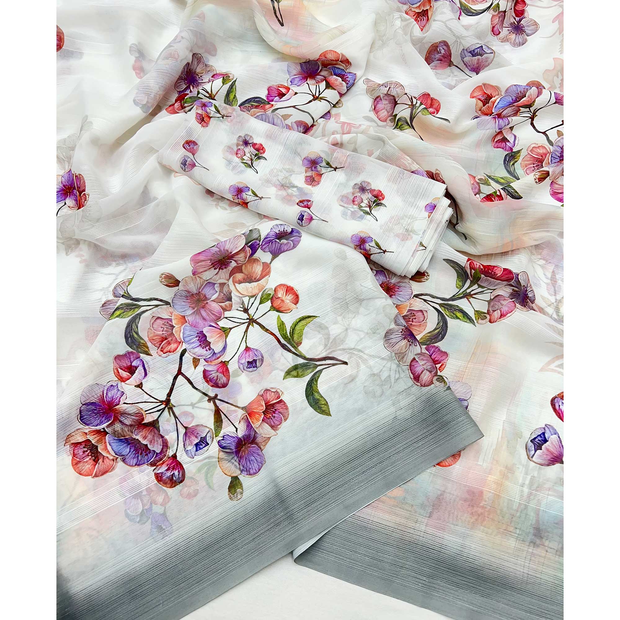 White Digital Floral Adorned with Artistic Prints Georgette Elegant Drape