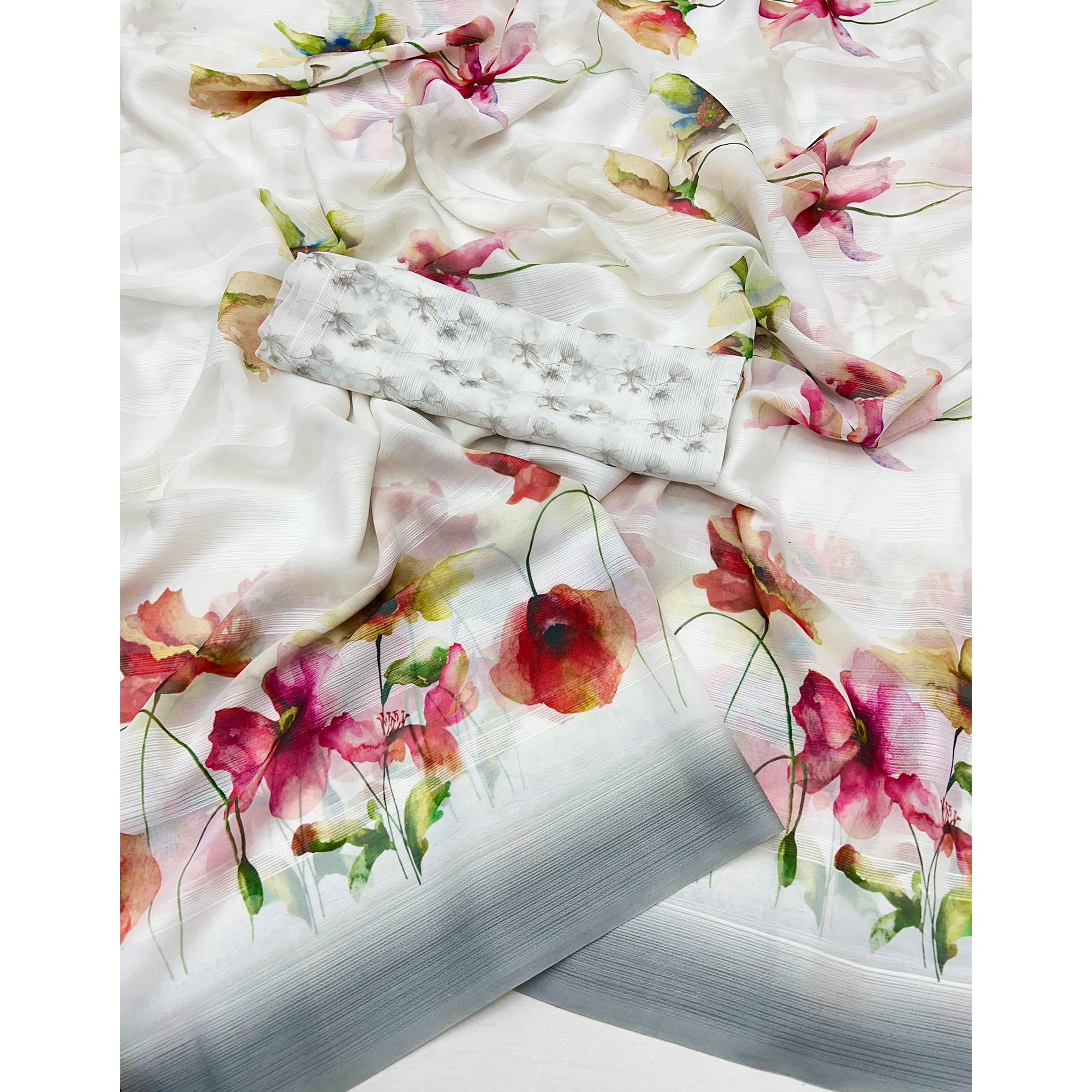 White Digital Floral Adorned with Artistic Prints Georgette Elegant Drape