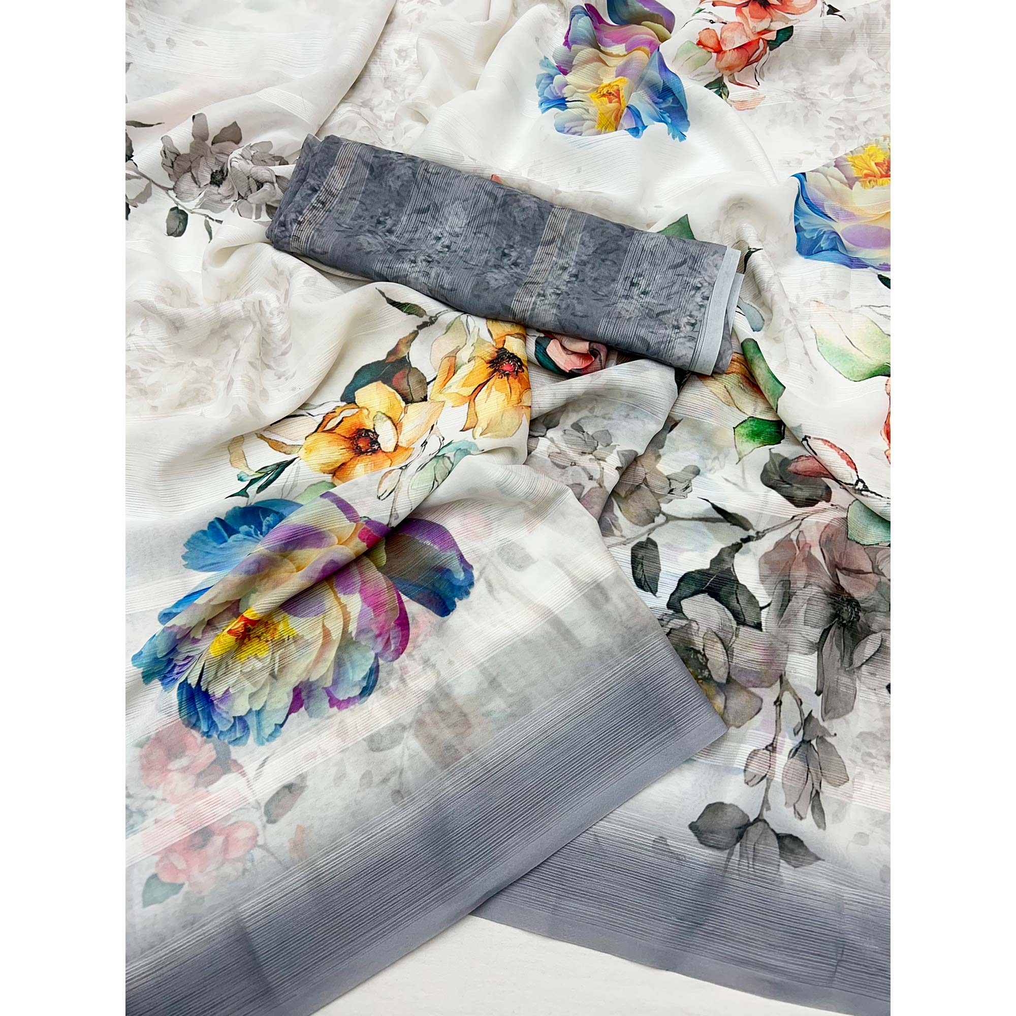 White Digital Floral Adorned with Artistic Prints Georgette Elegant Drape