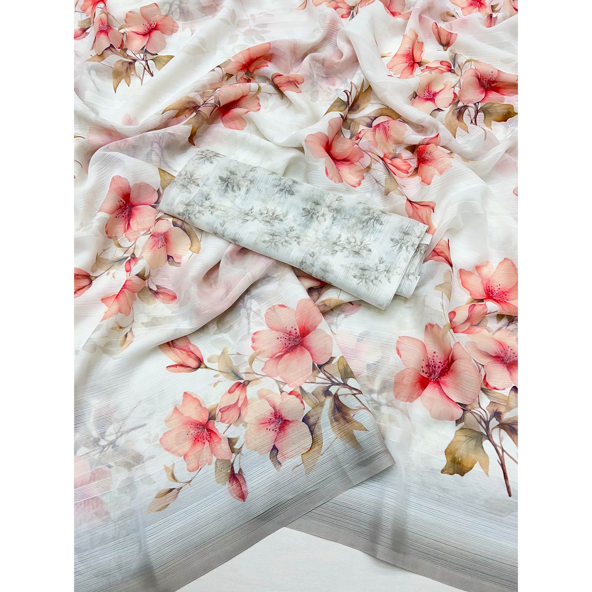 White Digital Floral Adorned with Artistic Prints Georgette Elegant Drape