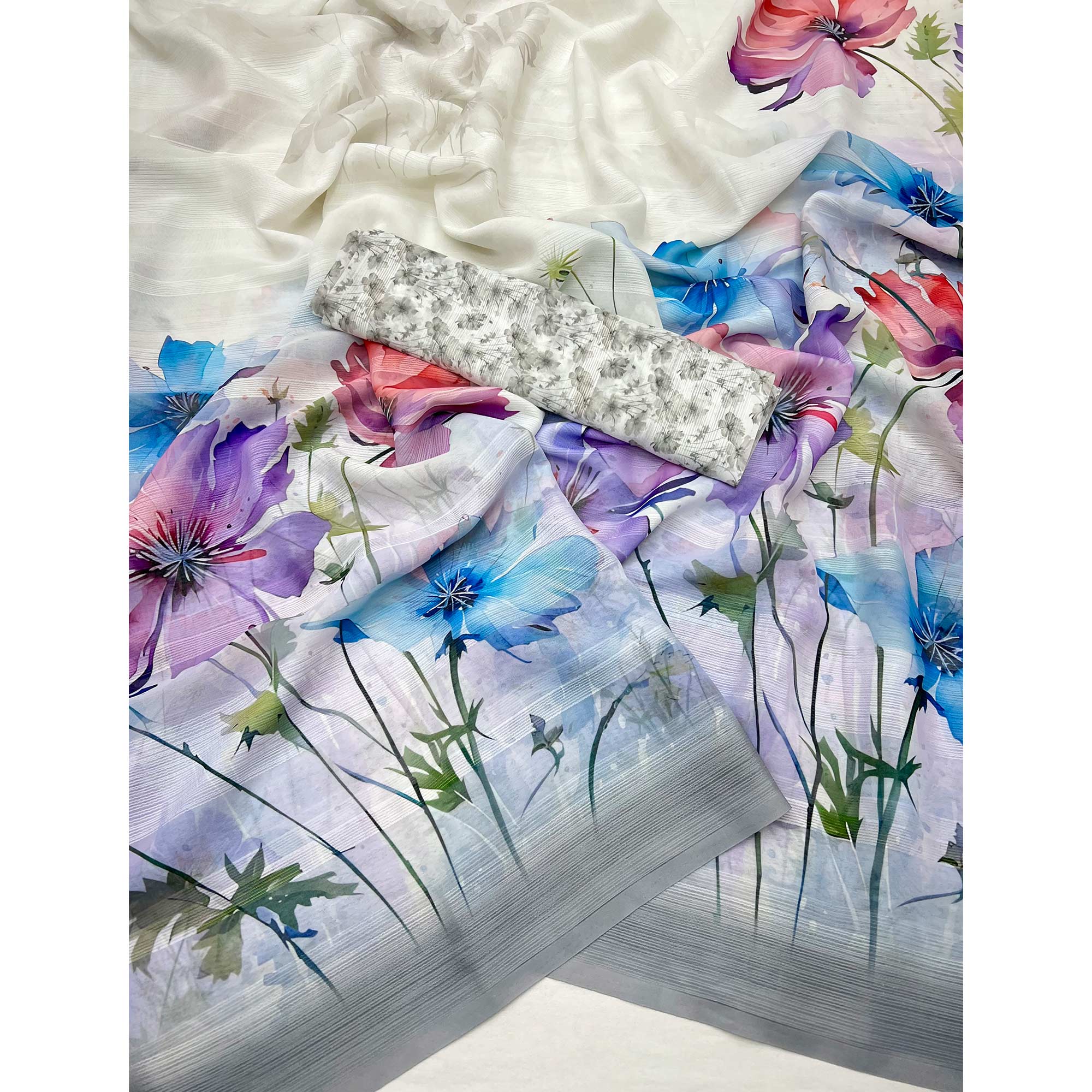 White Digital Floral Adorned with Artistic Prints Georgette Elegant Drape
