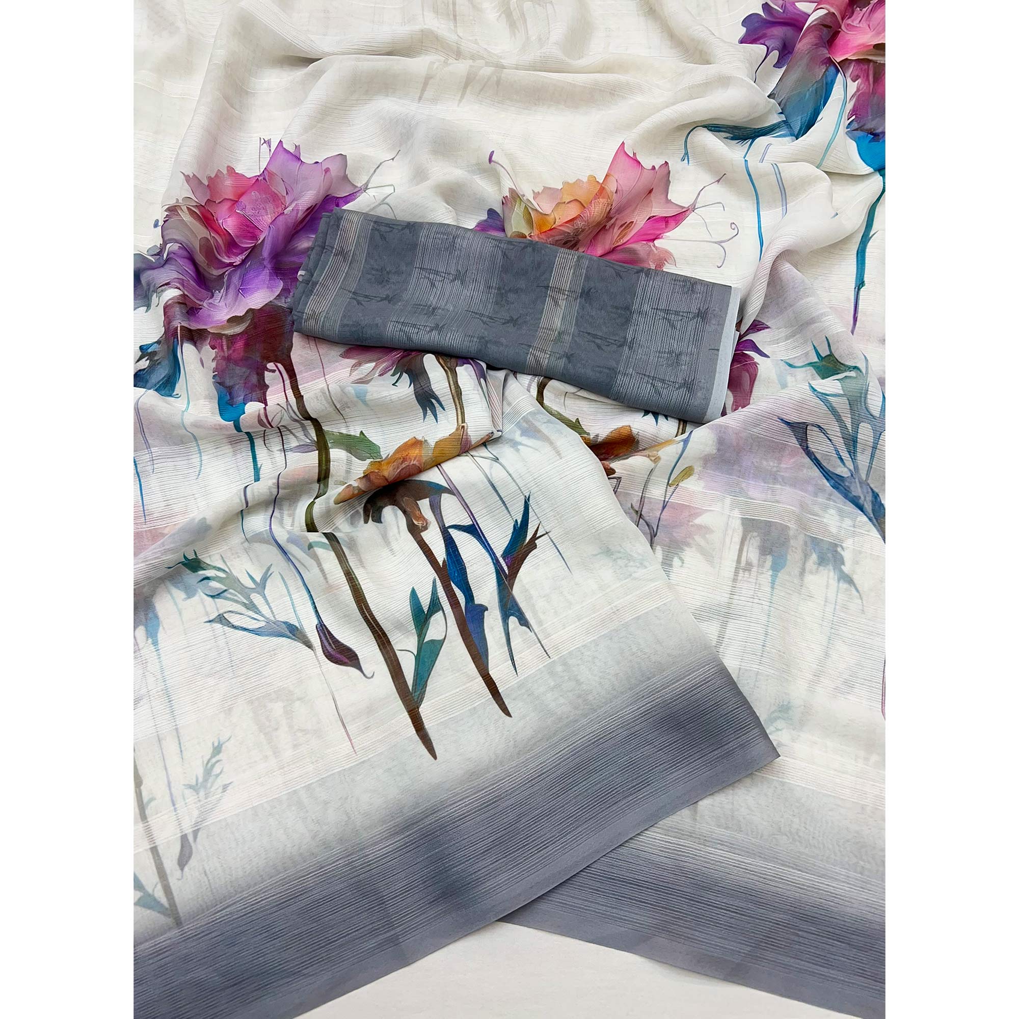 White Digital Floral Adorned with Artistic Prints Georgette Elegant Drape