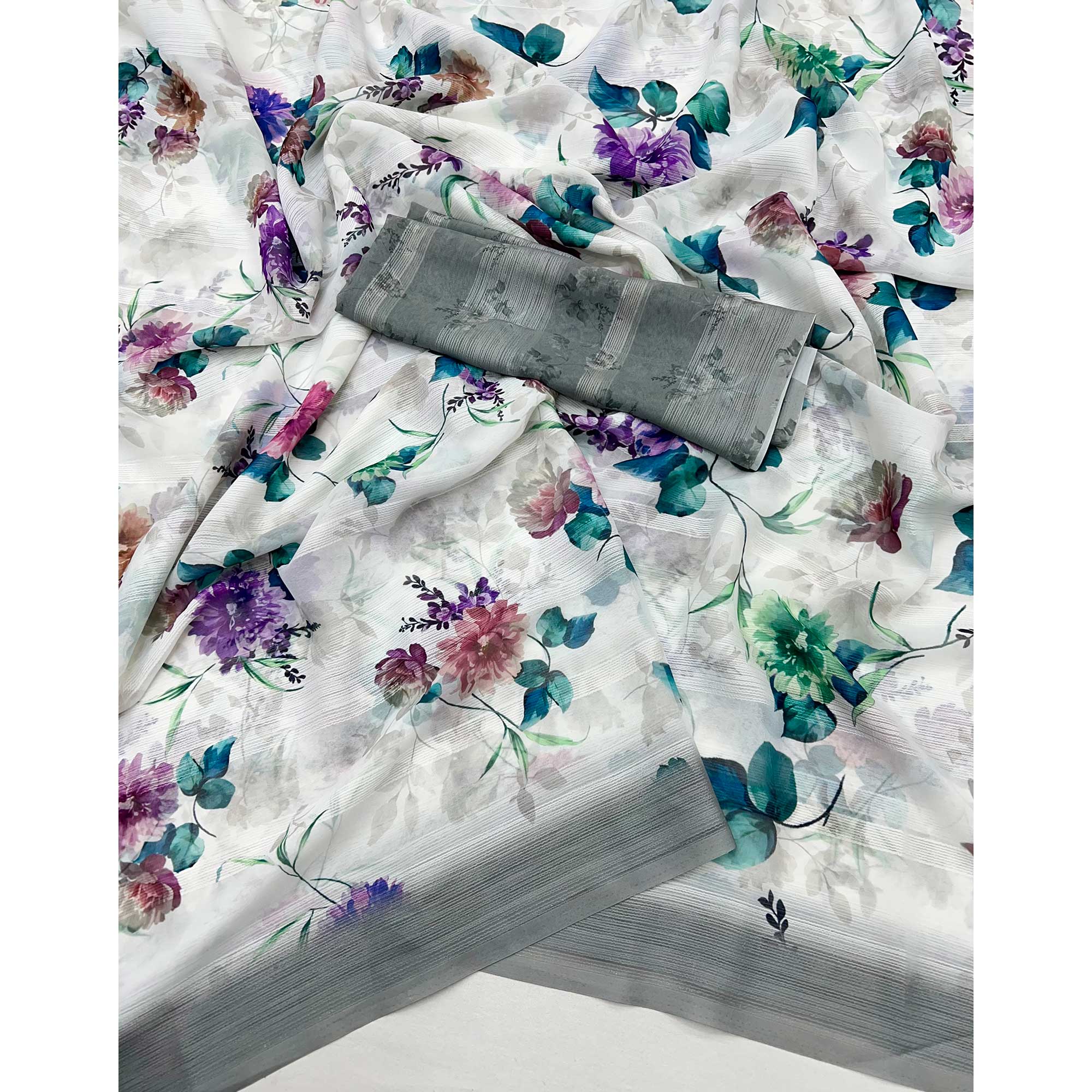White Digital Floral Adorned with Artistic Prints Georgette Elegant Drape