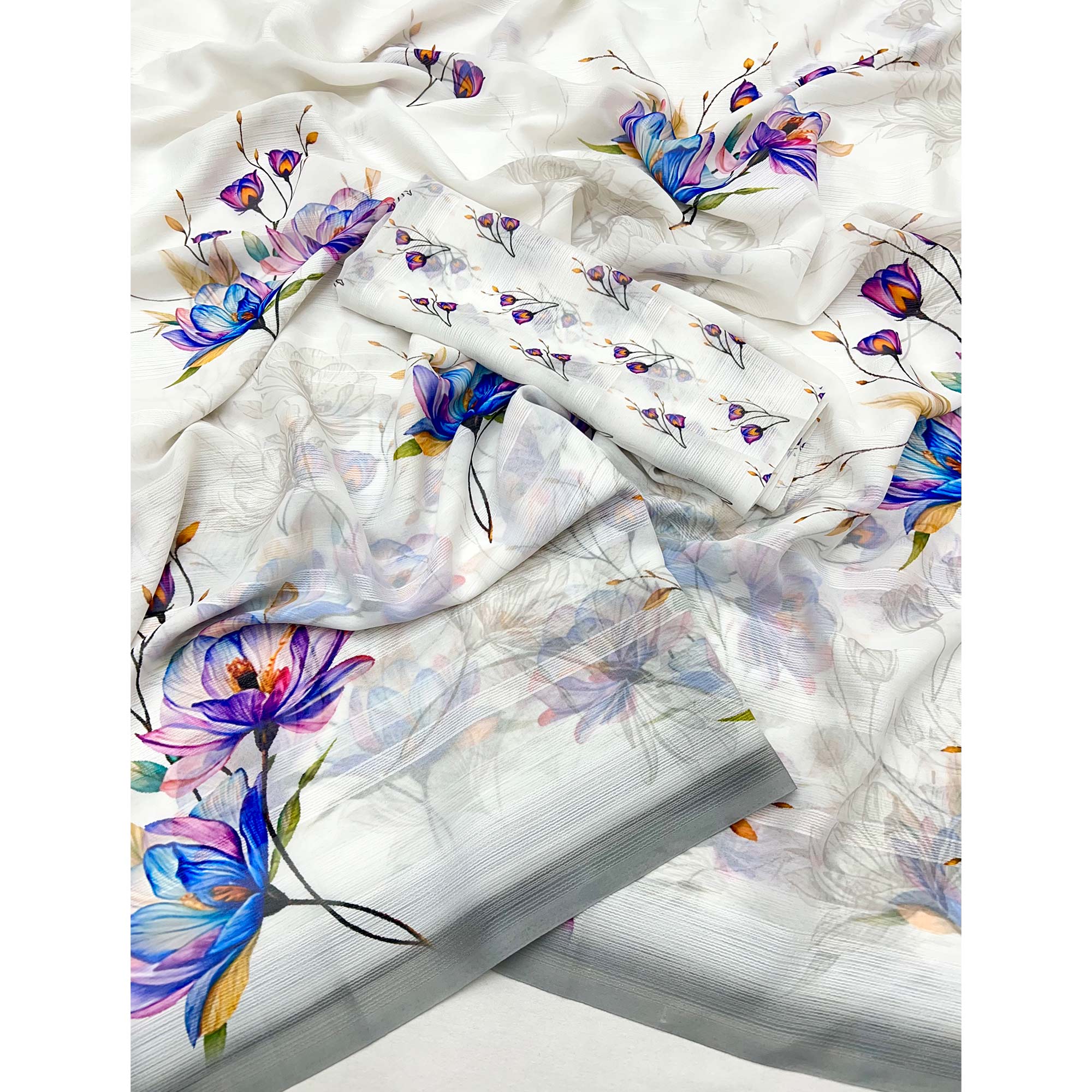 White Digital Floral Adorned with Artistic Prints Georgette Elegant Drape