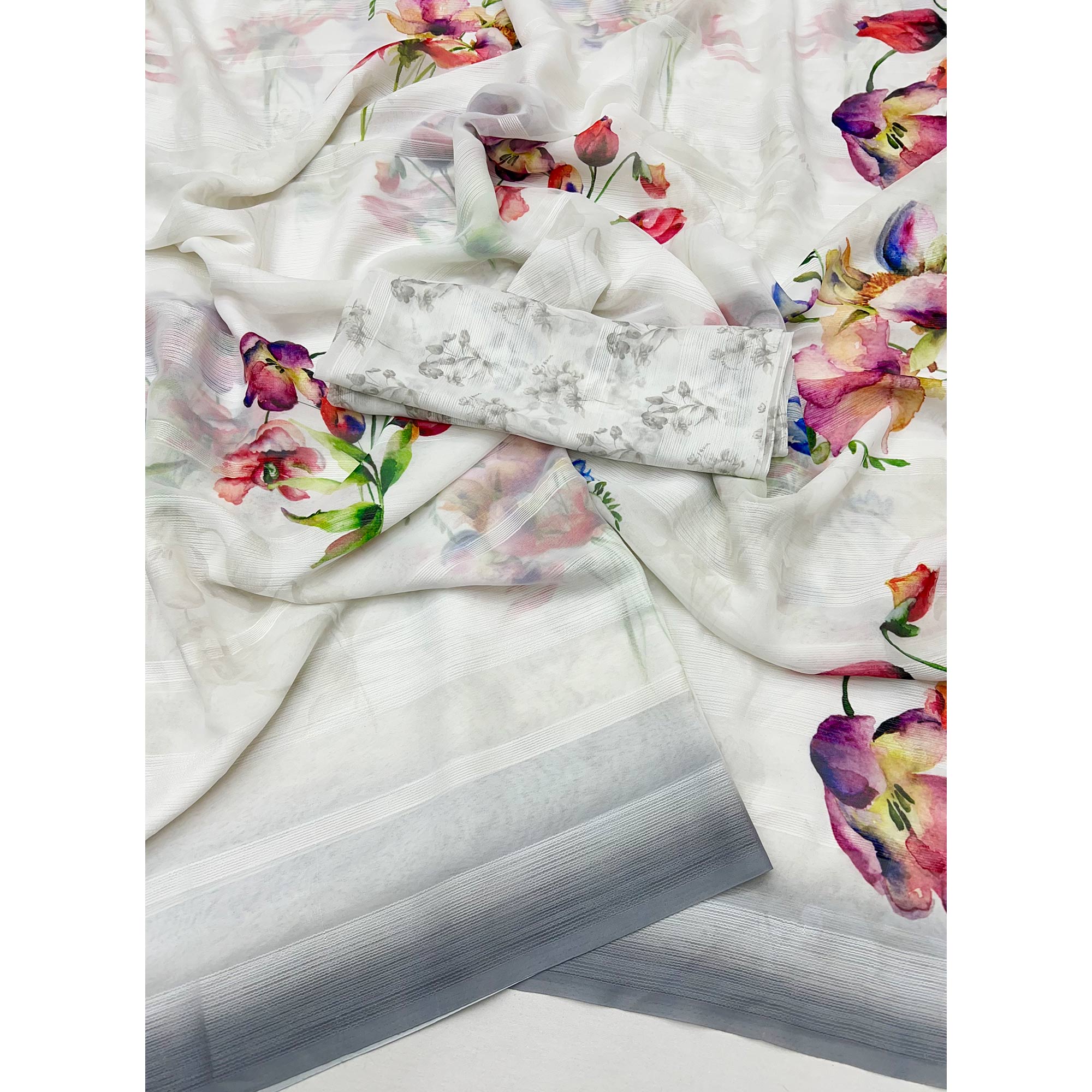 White Digital Floral Adorned with Artistic Prints Georgette Elegant Drape