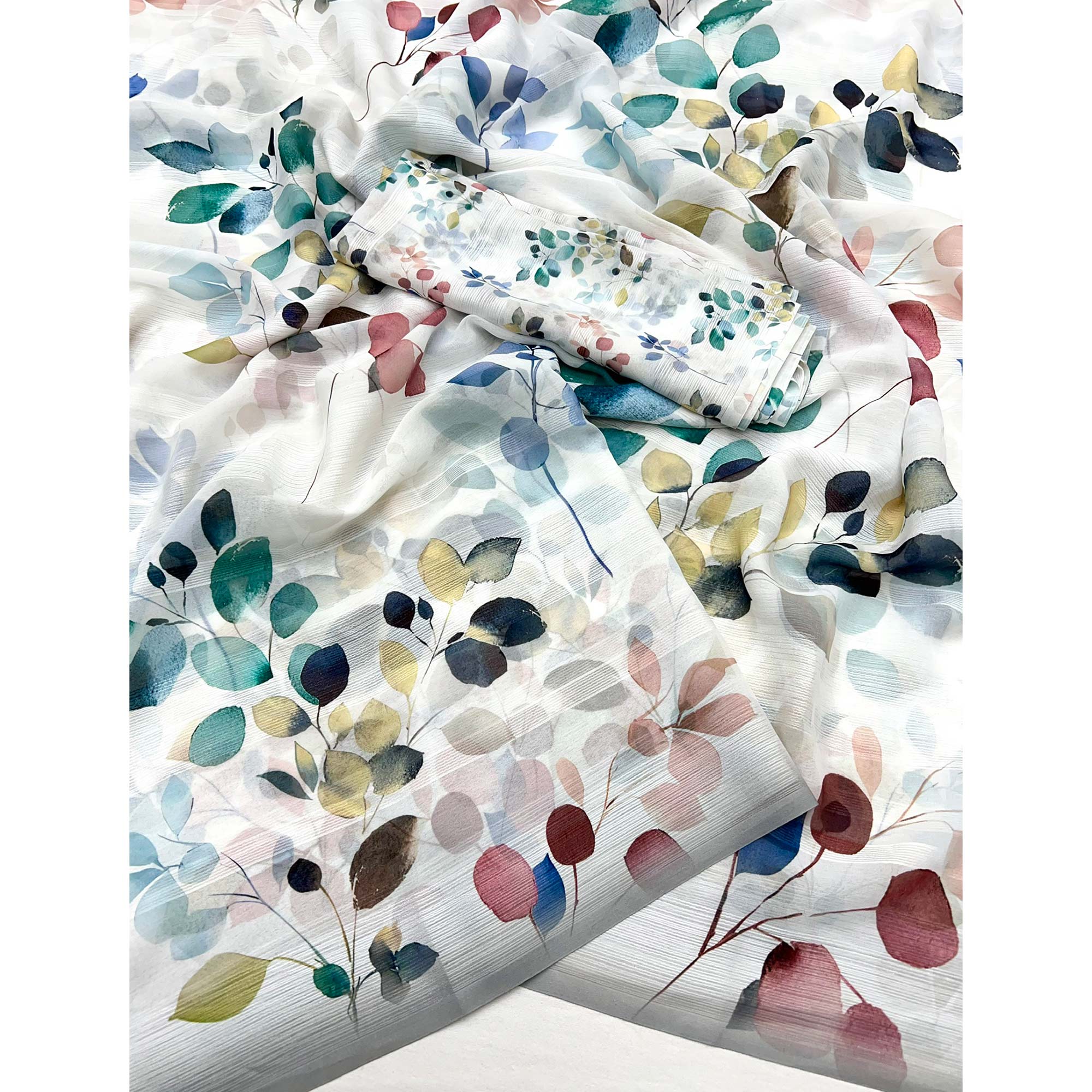 White Digital Floral Adorned with Artistic Prints Georgette Elegant Drape