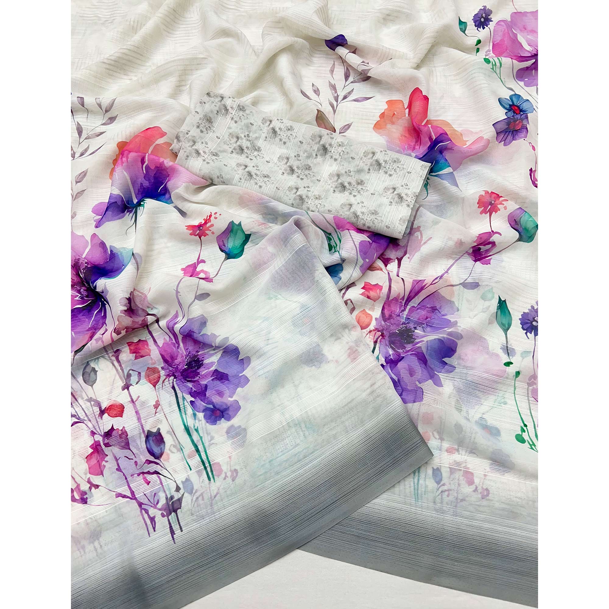 White Digital Floral Adorned with Artistic Prints Georgette Elegant Drape