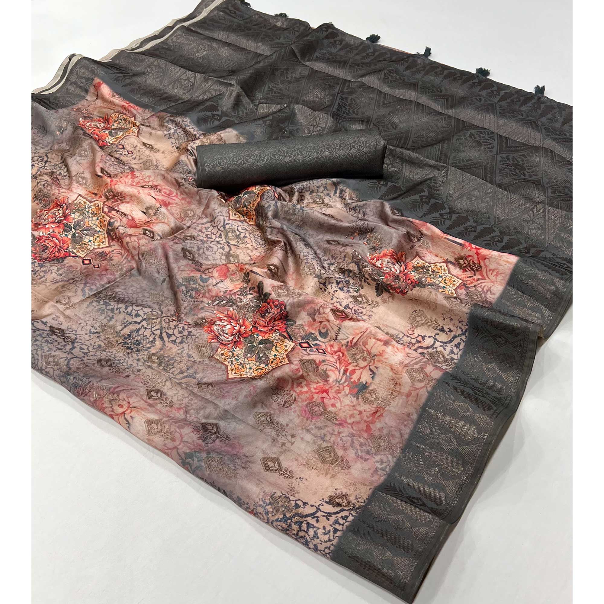 Beige Digital Floral Patterned Cotton Silken Drape